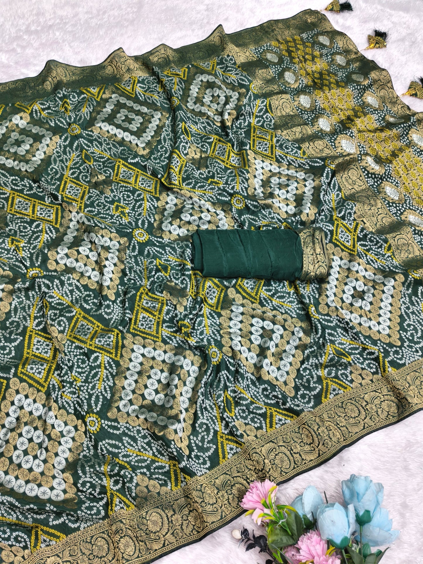 AJ-TANUSHREE VISCOS KHADDI GEORGETTE FABRIC SAREE WITH BEAUTIFUL DESIGN WITH RICH PALLU WITH BEAUTIFUL BANDHANI PRINT WITH FLORAL BORDER WITH BLOUSE