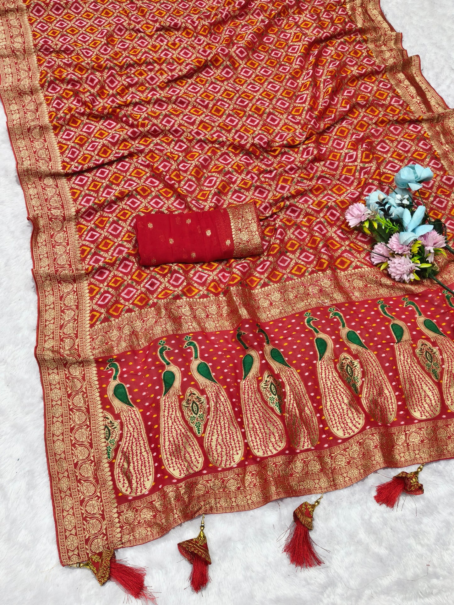 AJ-YASHVI VISCOS KHADDI GEORGETTE FABRIC SAREE WITH BEAUTIFUL PEACOCK DESIGN WITH RICH PALLU DESIGN WITH HEAVY GHATCHOLA DESIGN WITH MIRROR WORK WITH BLOUSE