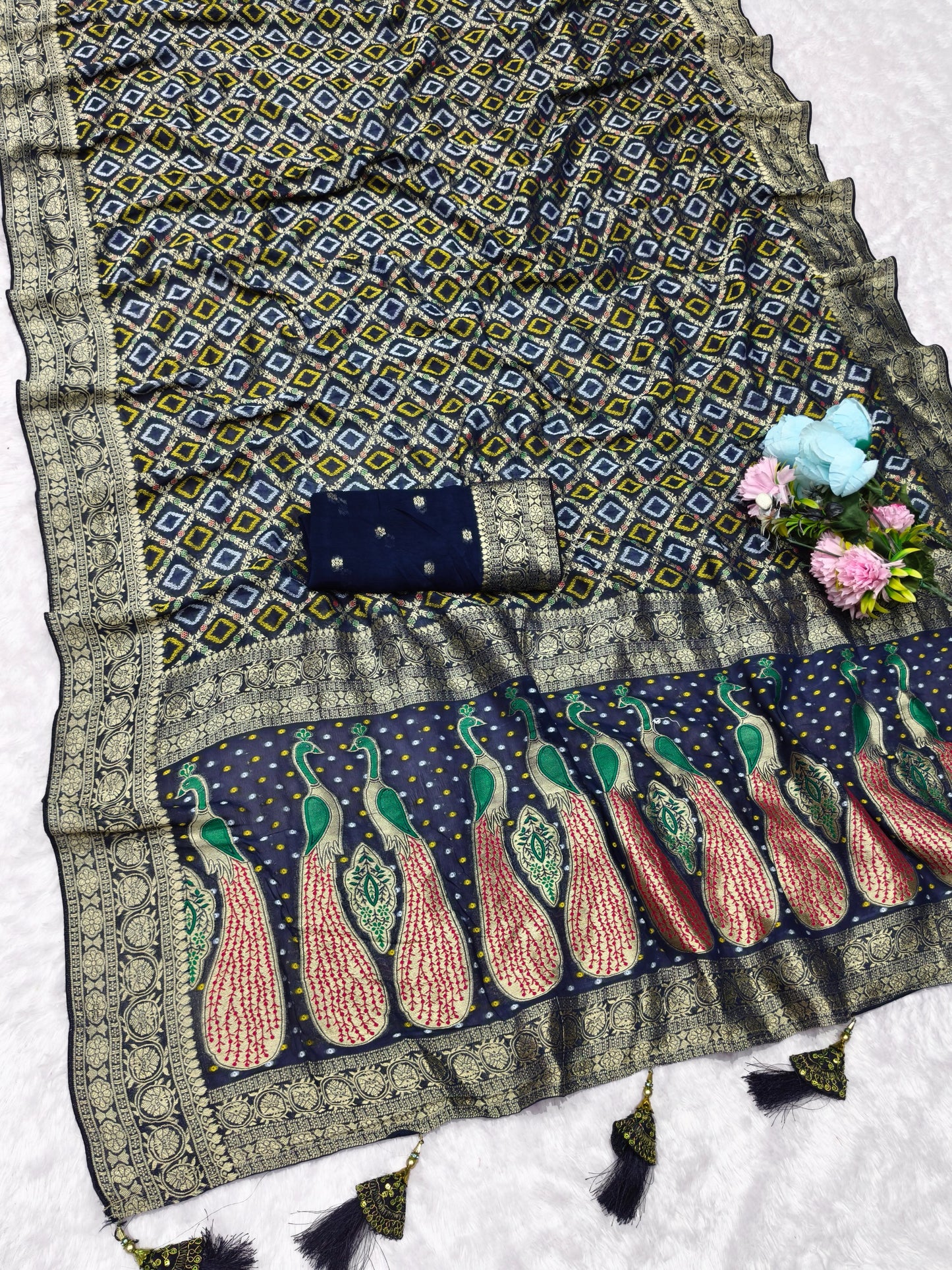 AJ-YASHVI VISCOS KHADDI GEORGETTE FABRIC SAREE WITH BEAUTIFUL PEACOCK DESIGN WITH RICH PALLU DESIGN WITH HEAVY GHATCHOLA DESIGN WITH MIRROR WORK WITH BLOUSE
