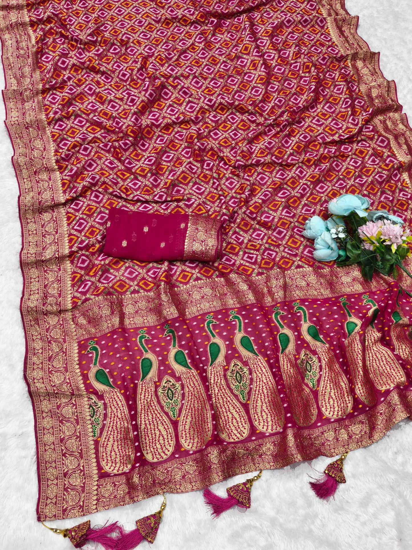 AJ-YASHVI VISCOS KHADDI GEORGETTE FABRIC SAREE WITH BEAUTIFUL PEACOCK DESIGN WITH RICH PALLU DESIGN WITH HEAVY GHATCHOLA DESIGN WITH MIRROR WORK WITH BLOUSE
