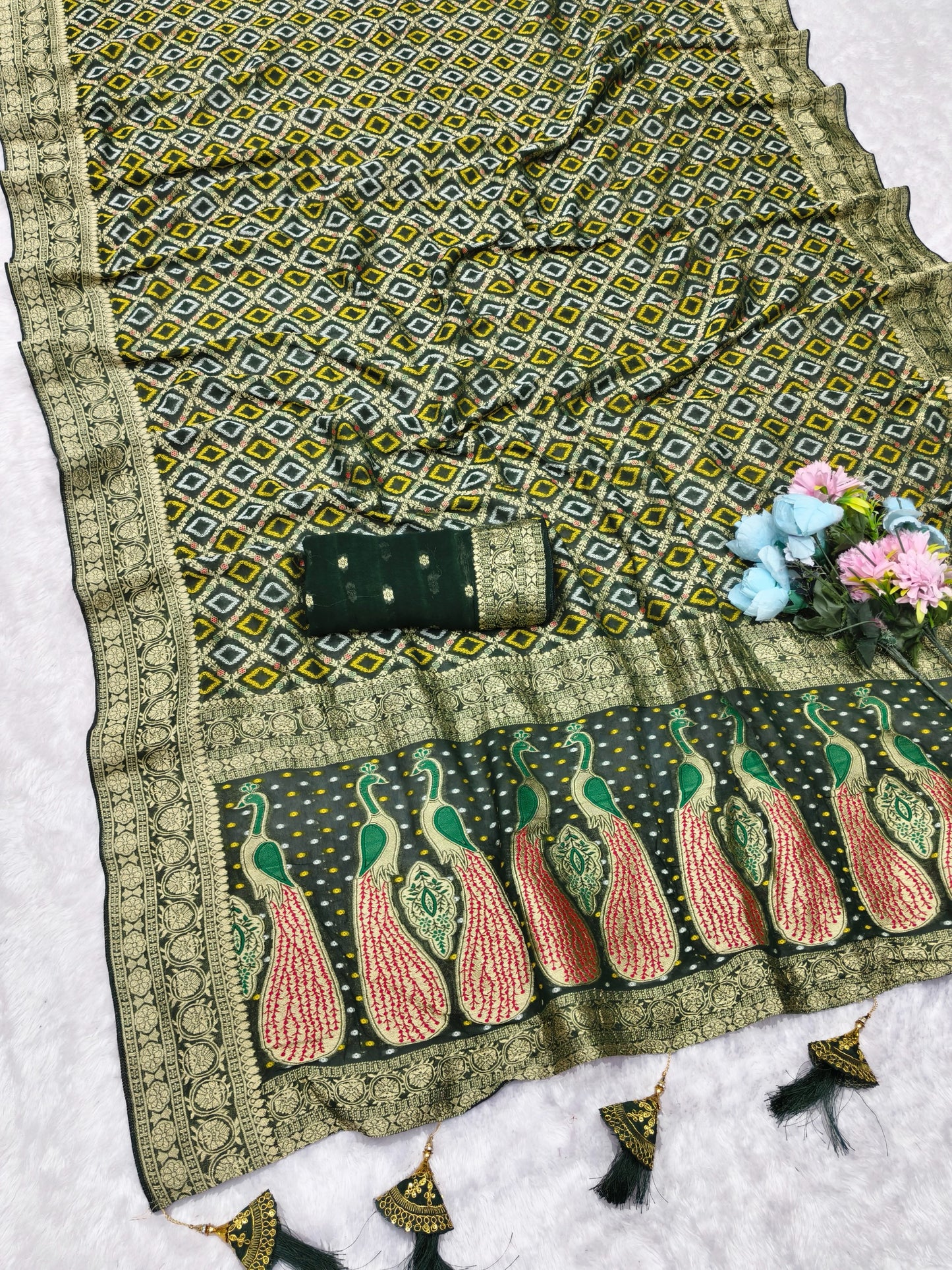 AJ-YASHVI VISCOS KHADDI GEORGETTE FABRIC SAREE WITH BEAUTIFUL PEACOCK DESIGN WITH RICH PALLU DESIGN WITH HEAVY GHATCHOLA DESIGN WITH MIRROR WORK WITH BLOUSE