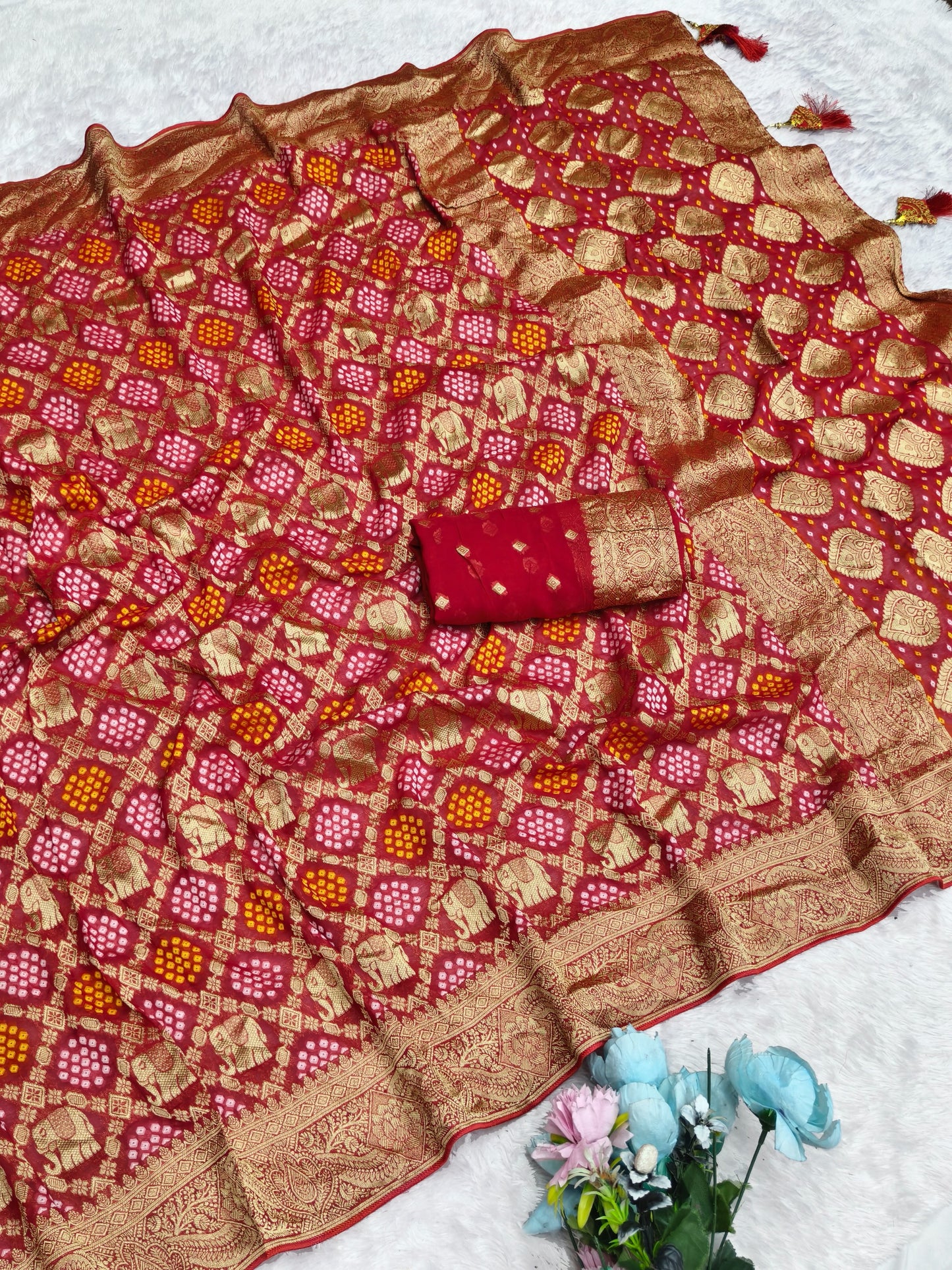 AJ-AVANI  VISCOS KHADDI GEORGETTE FABRIC SAREE WITH BEAUTIFUL GAJRAJ DESIGN WITH RICH PALLU WITH BEAUTIFUL BANDHANI PRINT WITH FLORAL BORDER WITH BLOUSE