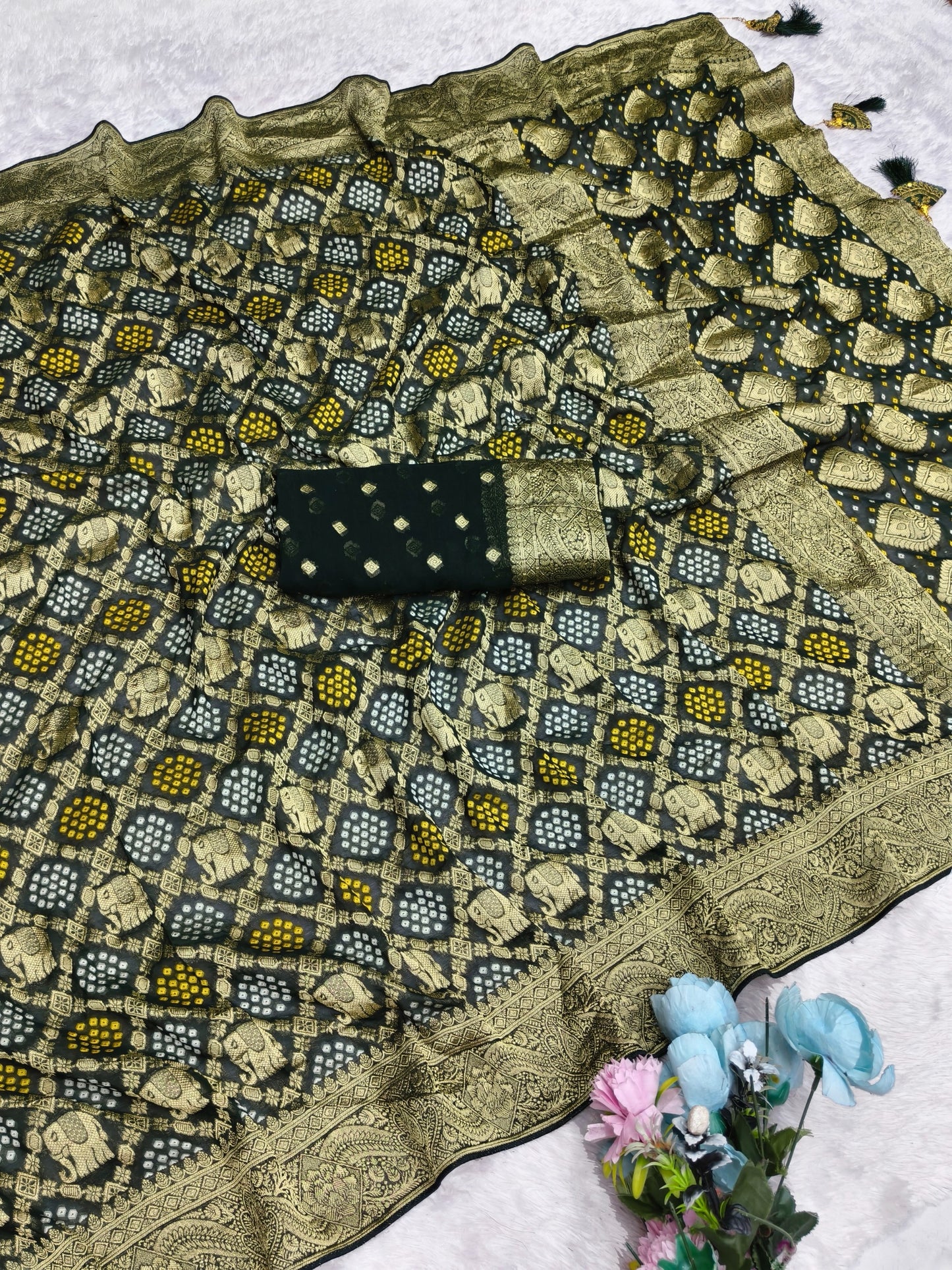 AJ-AVANI  VISCOS KHADDI GEORGETTE FABRIC SAREE WITH BEAUTIFUL GAJRAJ DESIGN WITH RICH PALLU WITH BEAUTIFUL BANDHANI PRINT WITH FLORAL BORDER WITH BLOUSE