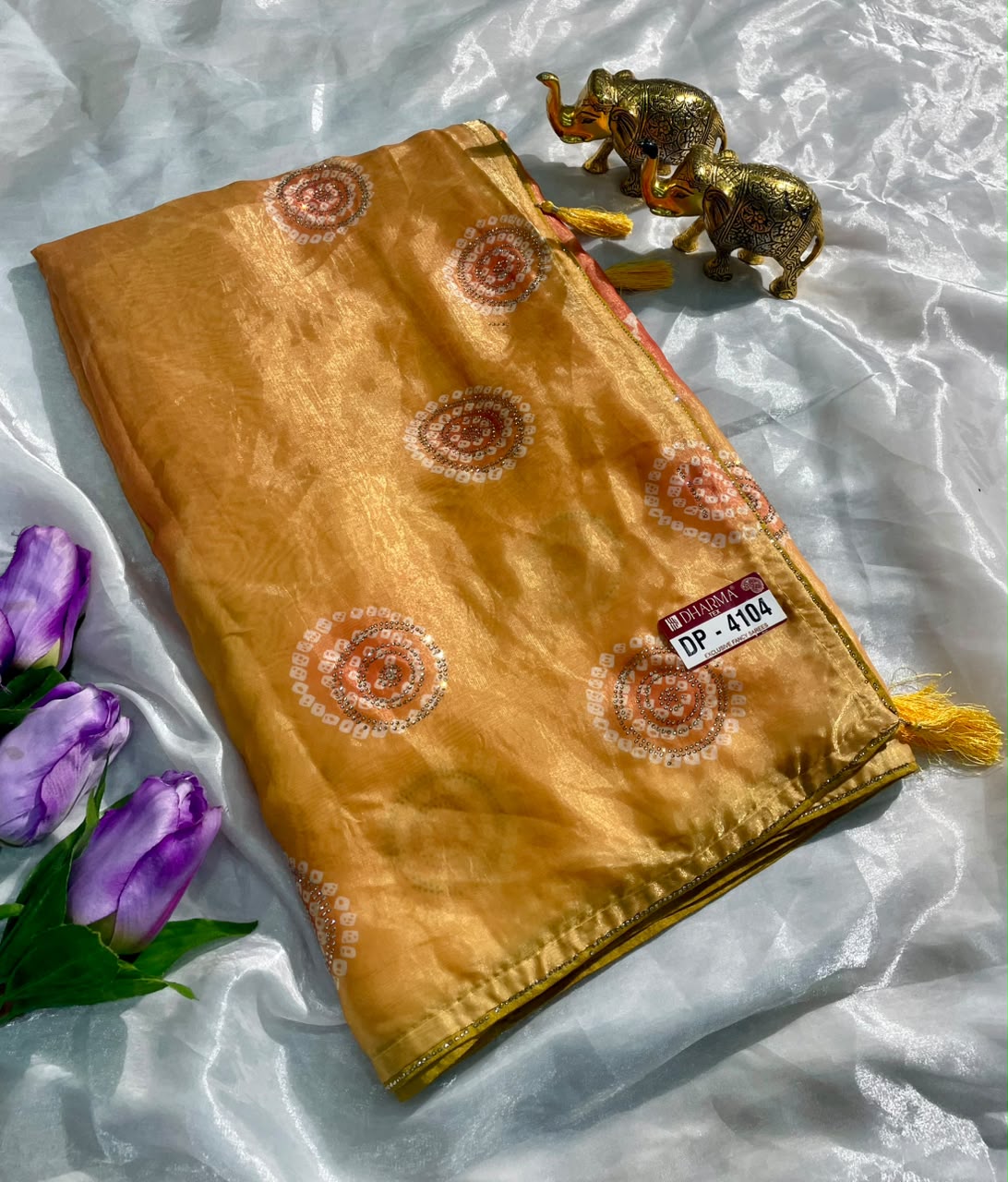 DP-4104 FENDI SATIN FABRIC SAREE WITH BEAUTIFUL DESIGN WITH DMC SIROSKI WORK WITH PIPING AND TASSELS WITH BLOUSE