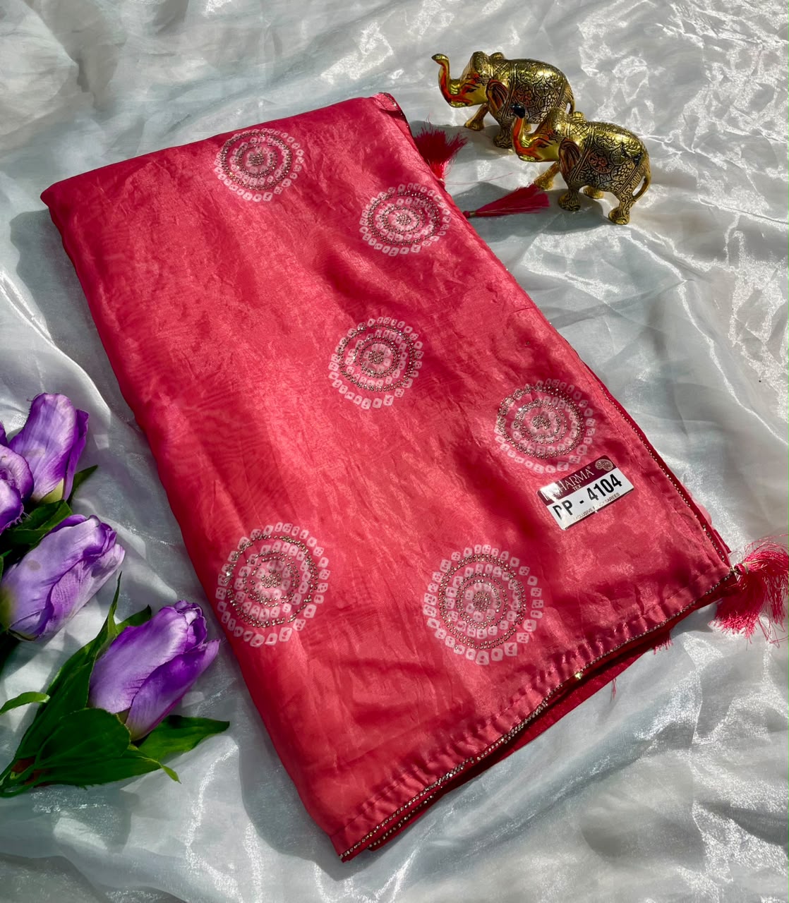 DP-4104 FENDI SATIN FABRIC SAREE WITH BEAUTIFUL DESIGN WITH DMC SIROSKI WORK WITH PIPING AND TASSELS WITH BLOUSE