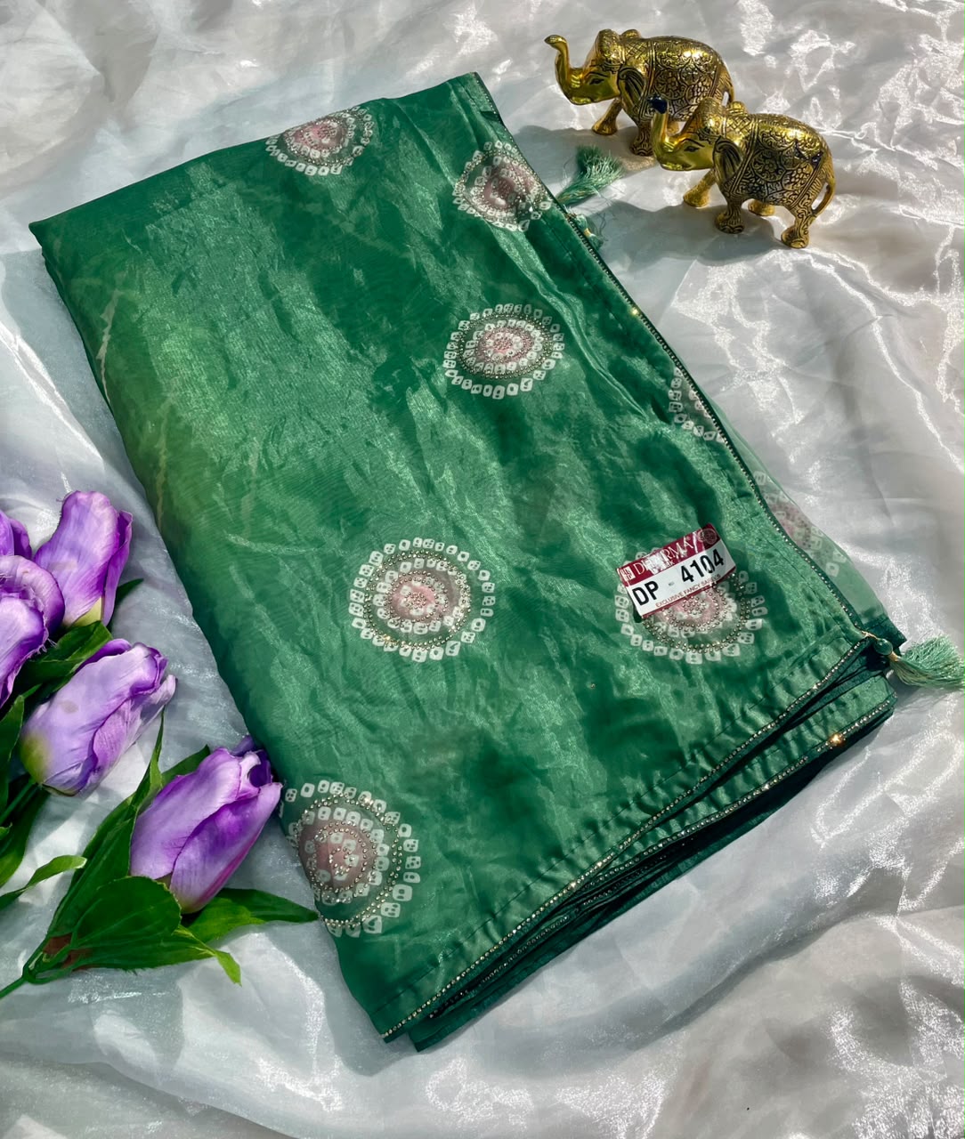 DP-4104 FENDI SATIN FABRIC SAREE WITH BEAUTIFUL DESIGN WITH DMC SIROSKI WORK WITH PIPING AND TASSELS WITH BLOUSE