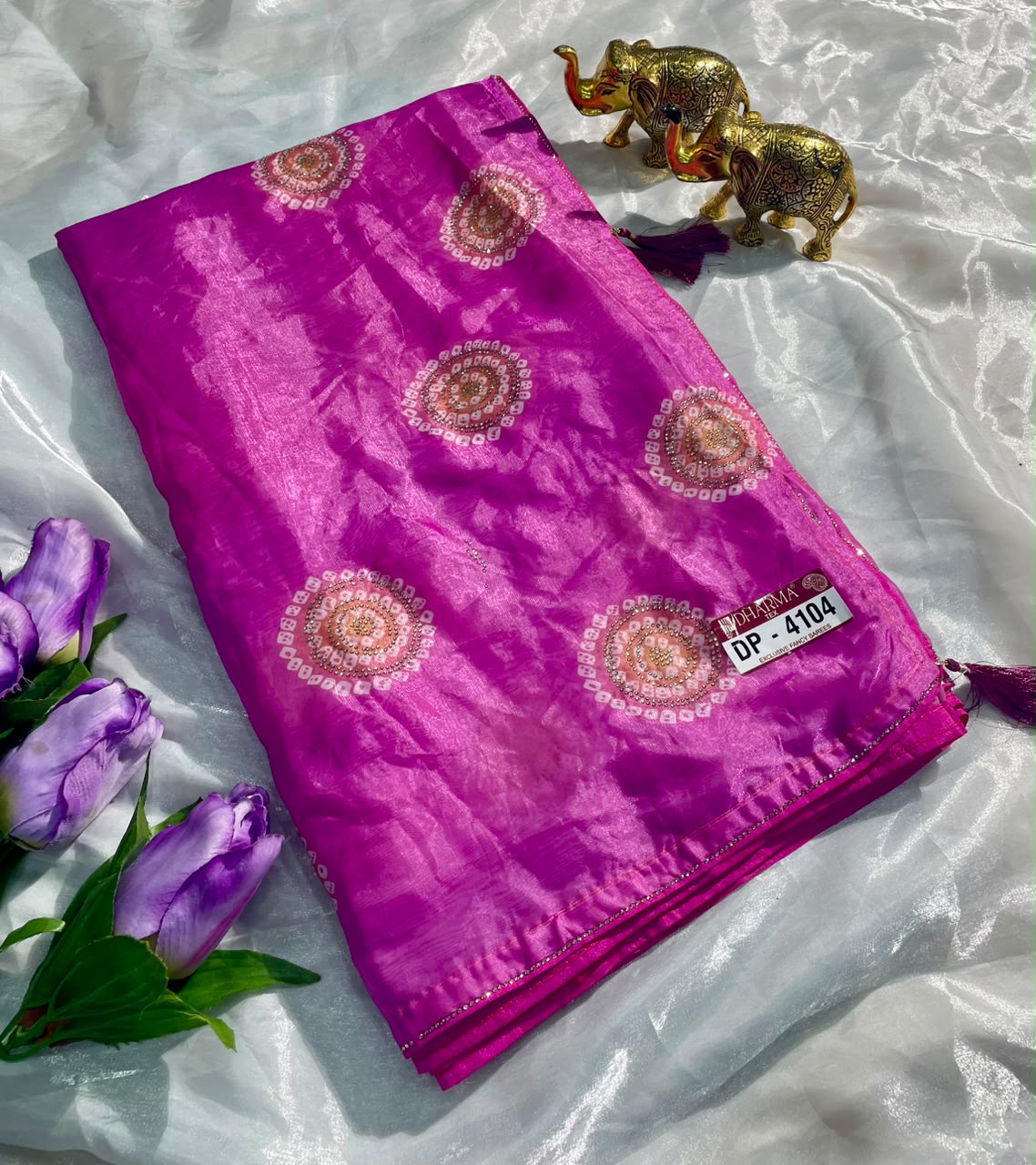 DP-4104 FENDI SATIN FABRIC SAREE WITH BEAUTIFUL DESIGN WITH DMC SIROSKI WORK WITH PIPING AND TASSELS WITH BLOUSE