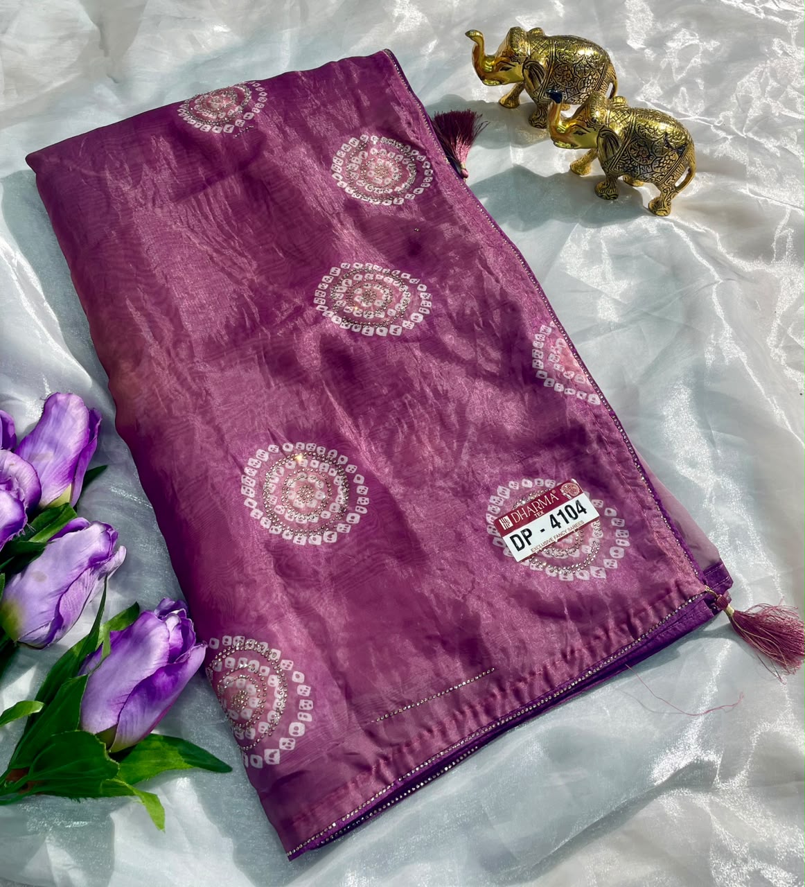 DP-4104 FENDI SATIN FABRIC SAREE WITH BEAUTIFUL DESIGN WITH DMC SIROSKI WORK WITH PIPING AND TASSELS WITH BLOUSE