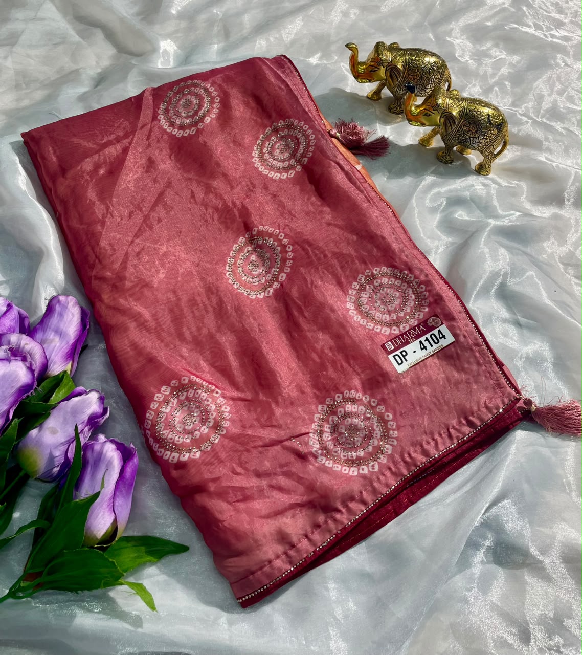 DP-4104 FENDI SATIN FABRIC SAREE WITH BEAUTIFUL DESIGN WITH DMC SIROSKI WORK WITH PIPING AND TASSELS WITH BLOUSE
