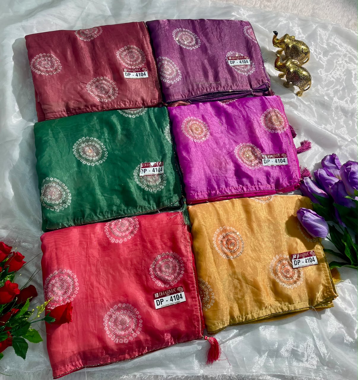 DP-4104 FENDI SATIN FABRIC SAREE WITH BEAUTIFUL DESIGN WITH DMC SIROSKI WORK WITH PIPING AND TASSELS WITH BLOUSE