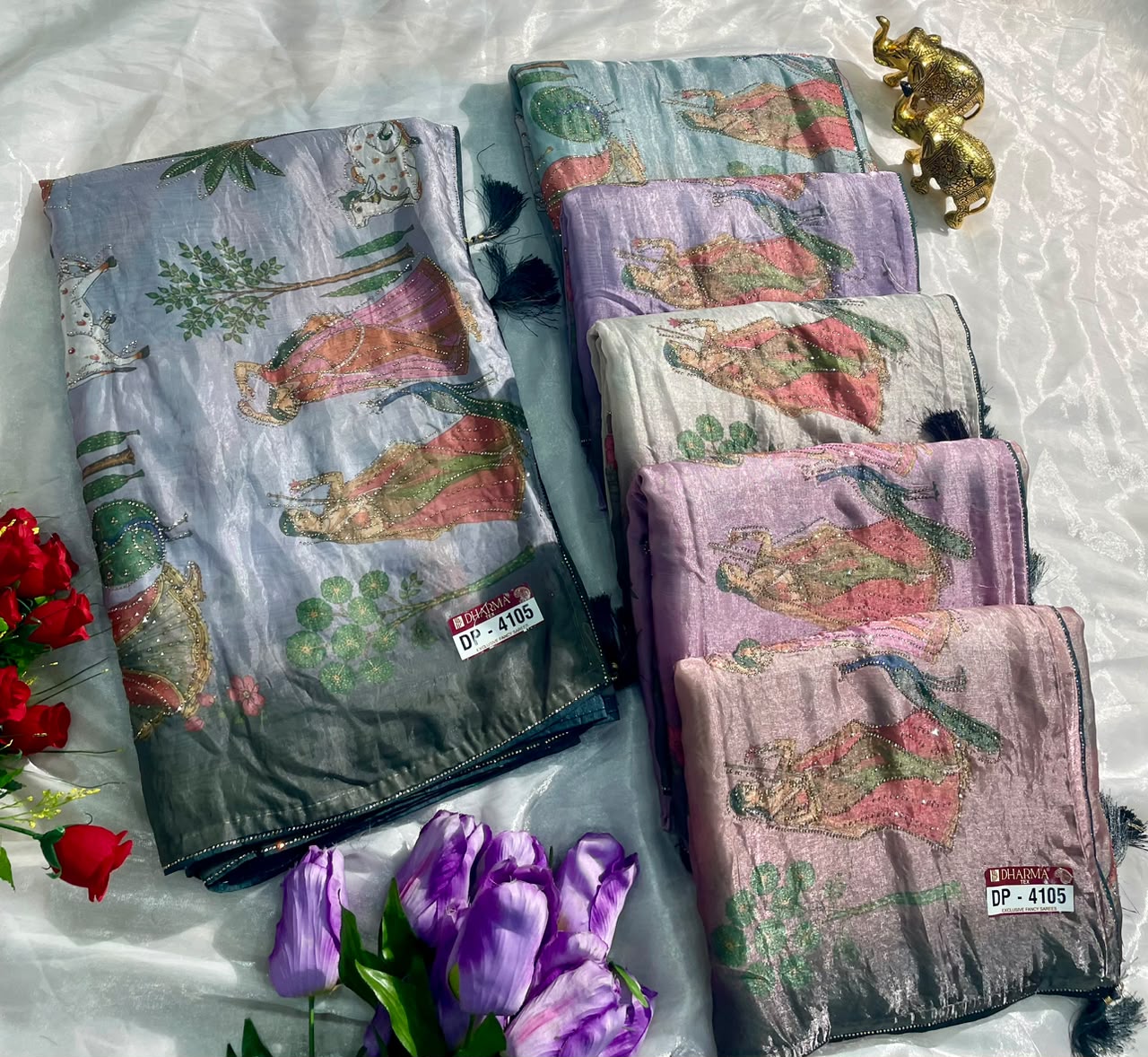 DP-4105 FENDI SATIN FABRIC SAREE WITH BEAUTIFUL DESIGN WITH COW AND OTHER BEAUTIFUL PRINT WITH DMC SIROSKI WORK WITH PIPING AND TASSELS WITH BLOUSE