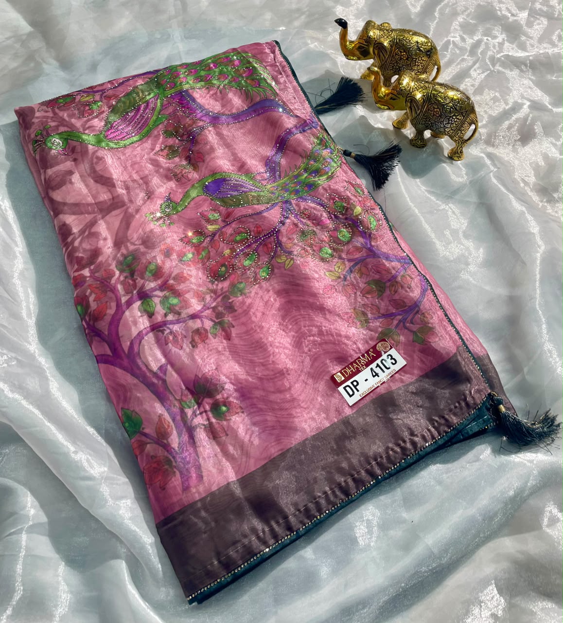 DP-4103 FENDI SATIN FABRIC SAREE WITH BEAUTIFUL DESIGN WITH BEAUTIFUL PEACOCK DESIGN WITH DIAMOND WORK WITH PIPING AND TASSELS WITH BLOUSE