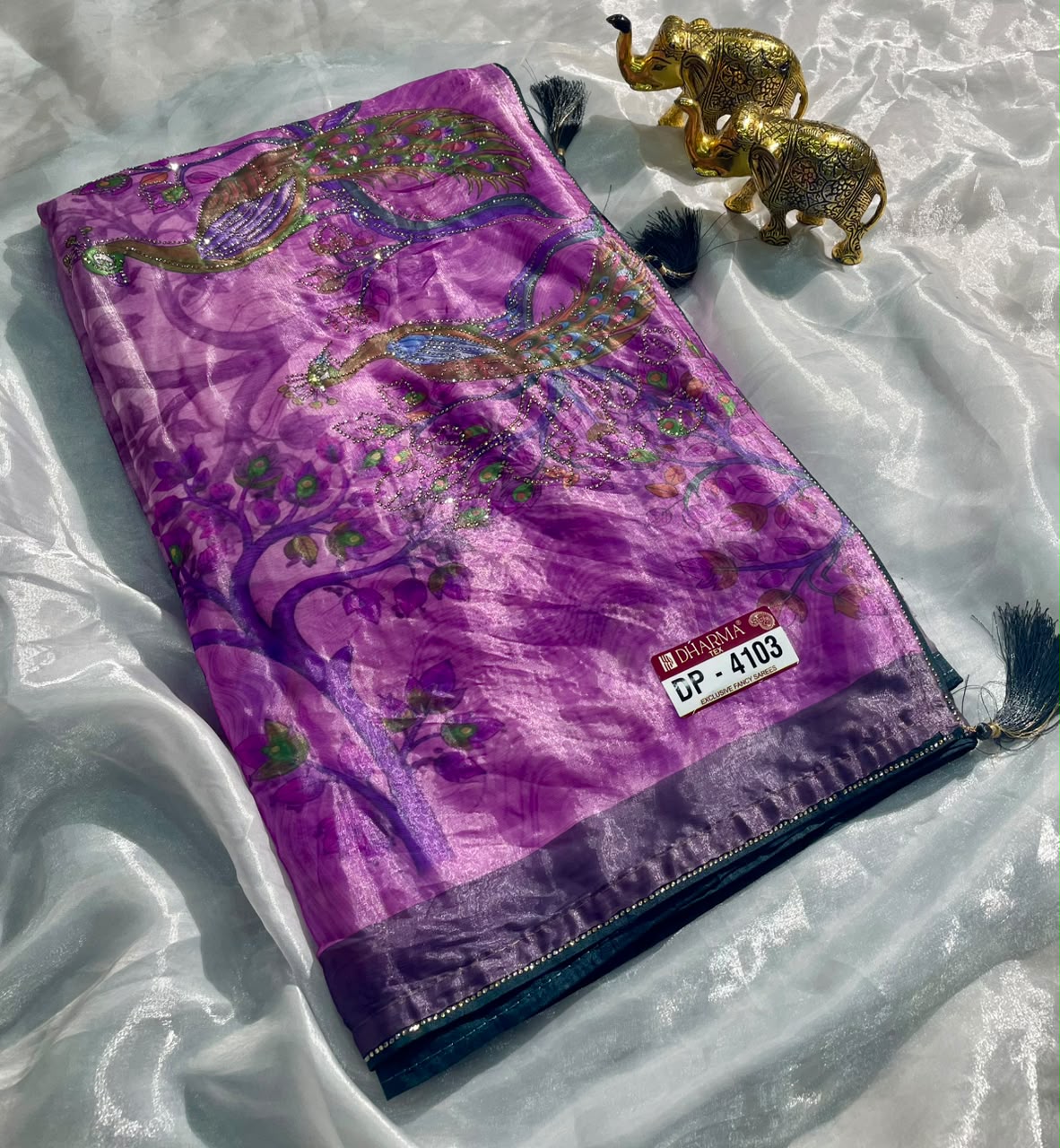 DP-4103 FENDI SATIN FABRIC SAREE WITH BEAUTIFUL DESIGN WITH BEAUTIFUL PEACOCK DESIGN WITH DIAMOND WORK WITH PIPING AND TASSELS WITH BLOUSE