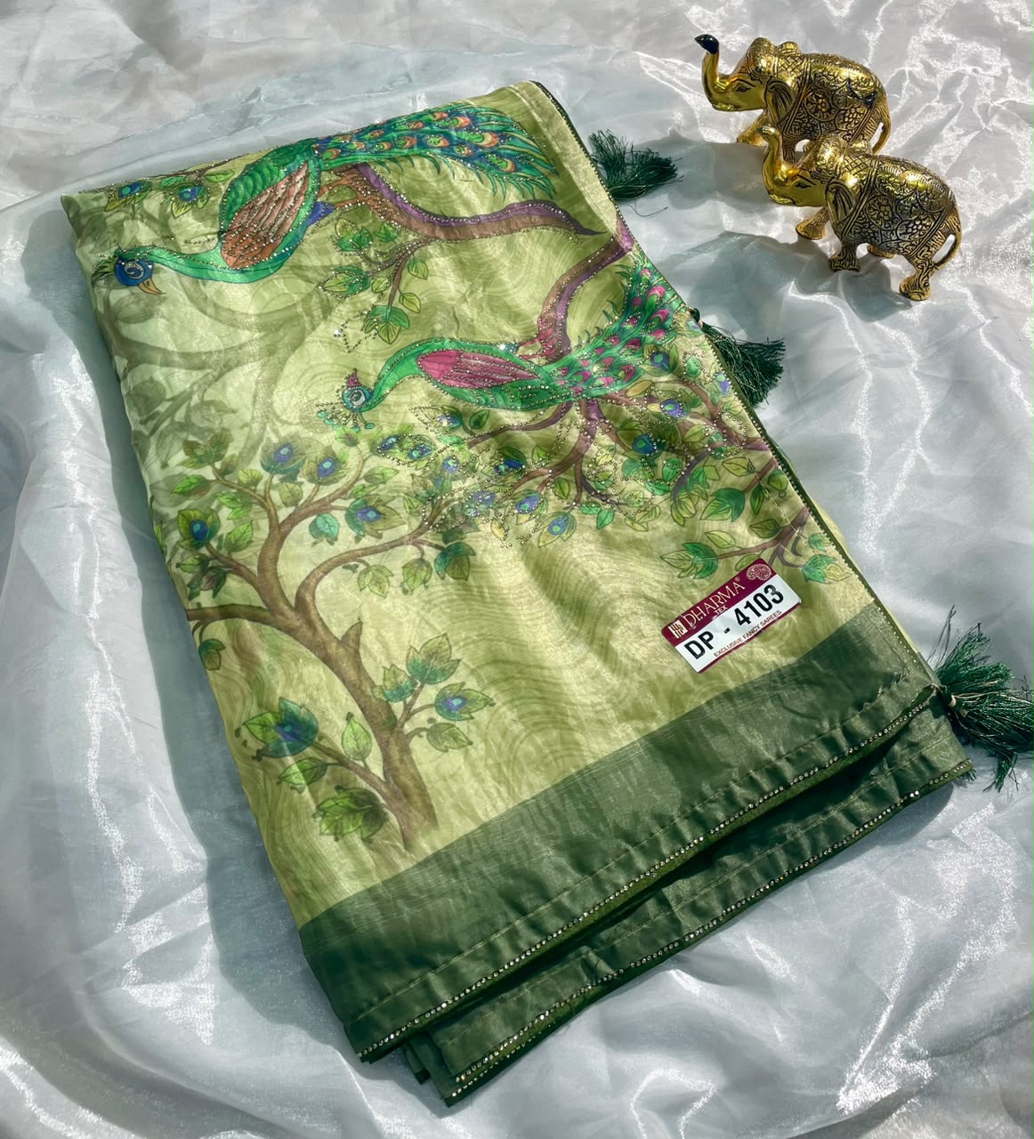 DP-4103 FENDI SATIN FABRIC SAREE WITH BEAUTIFUL DESIGN WITH BEAUTIFUL PEACOCK DESIGN WITH DIAMOND WORK WITH PIPING AND TASSELS WITH BLOUSE
