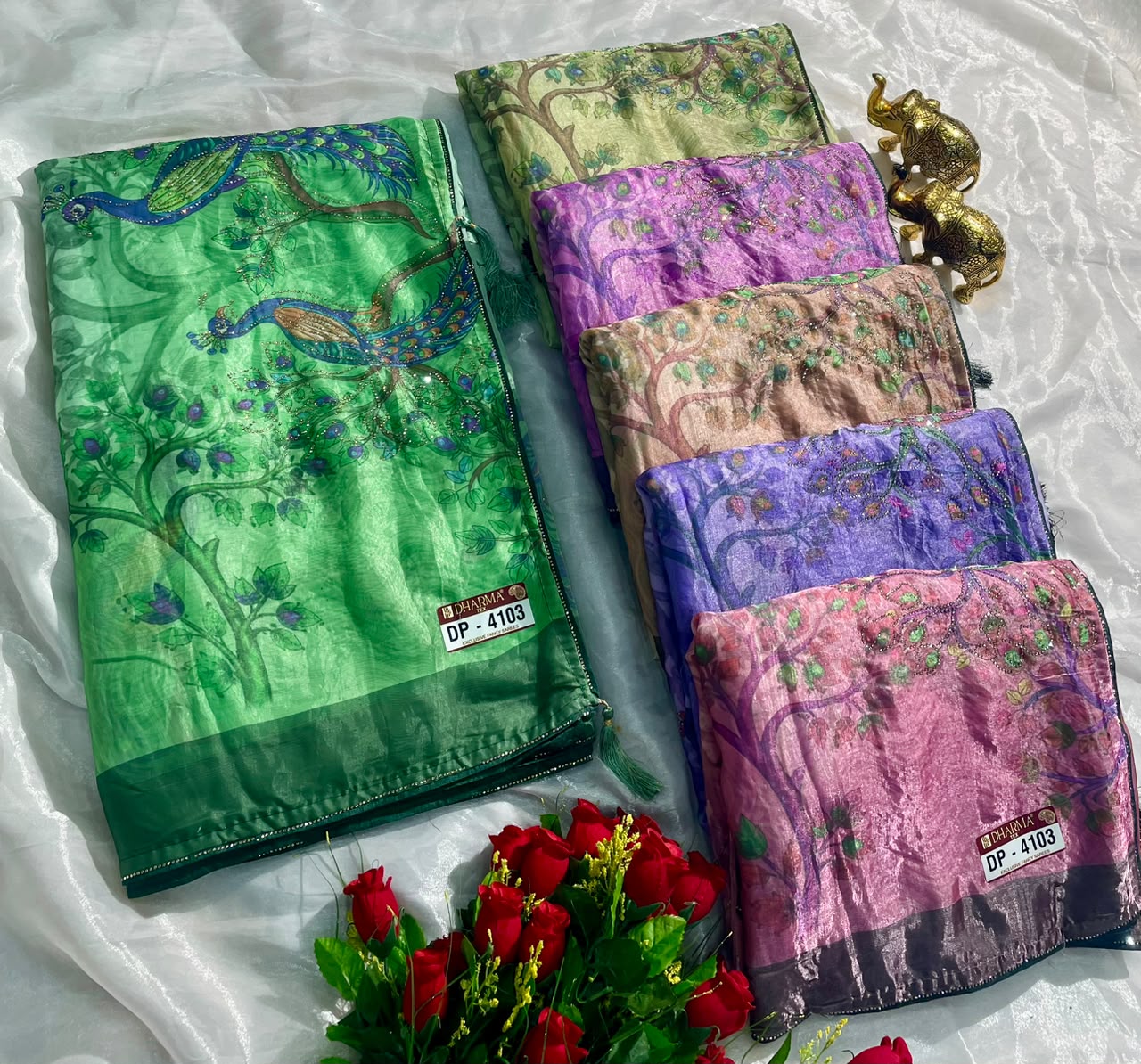DP-4103 FENDI SATIN FABRIC SAREE WITH BEAUTIFUL DESIGN WITH BEAUTIFUL PEACOCK DESIGN WITH DIAMOND WORK WITH PIPING AND TASSELS WITH BLOUSE