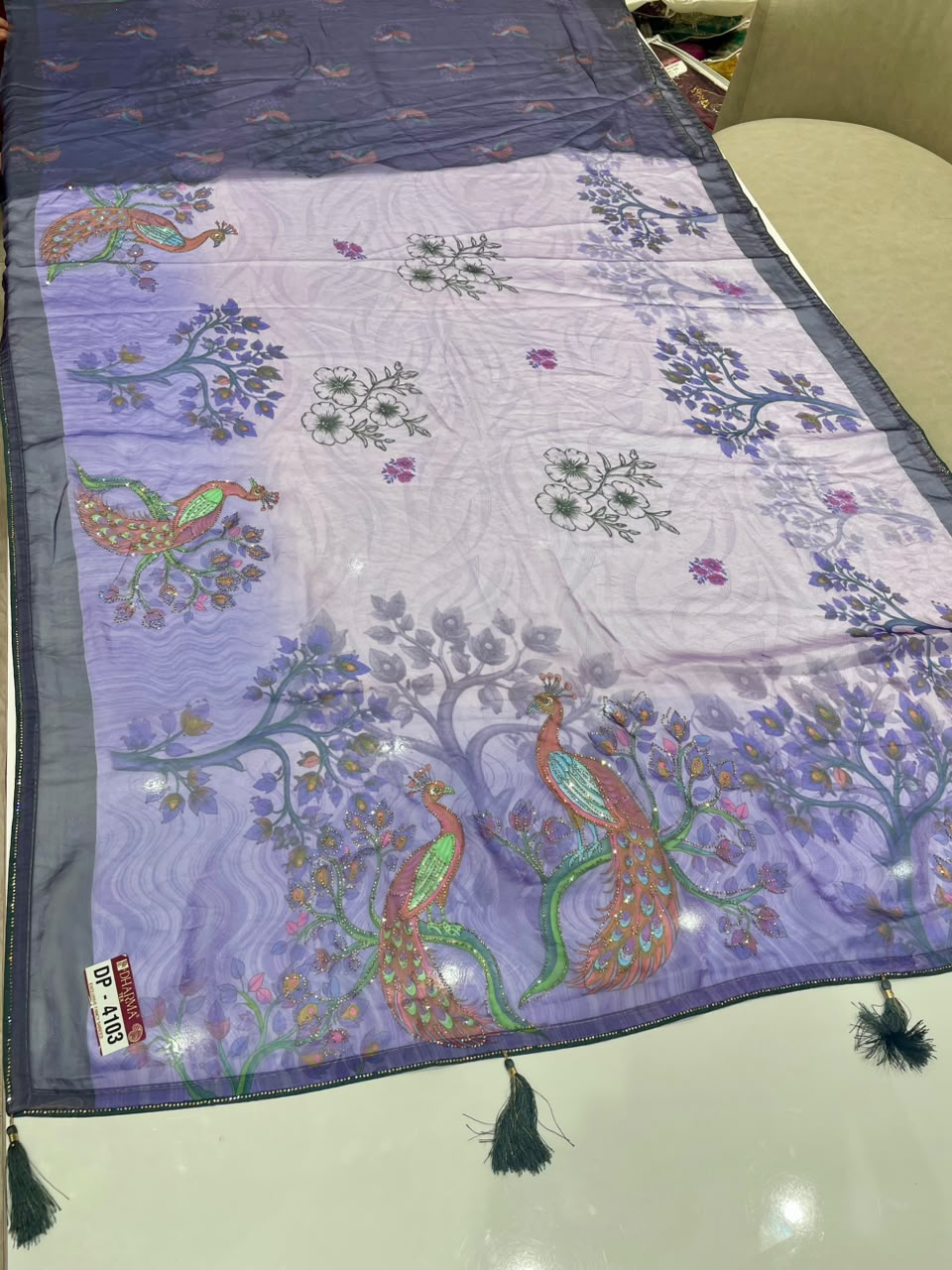 DP-4103 FENDI SATIN FABRIC SAREE WITH BEAUTIFUL DESIGN WITH BEAUTIFUL PEACOCK DESIGN WITH DIAMOND WORK WITH PIPING AND TASSELS WITH BLOUSE