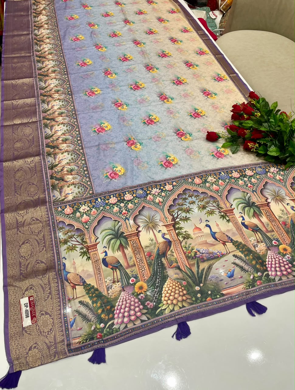 DP-4098 FANCY FABRIC SAREE WITH BEAUTIFUL DESIGN WITH RICH PALLU DESIGN WITH BEAUTIFUL PEACOCK DESIGN ON SAREE WITH ZARI WORK WITH PIPING AND TASSELS WITH BLOUSE