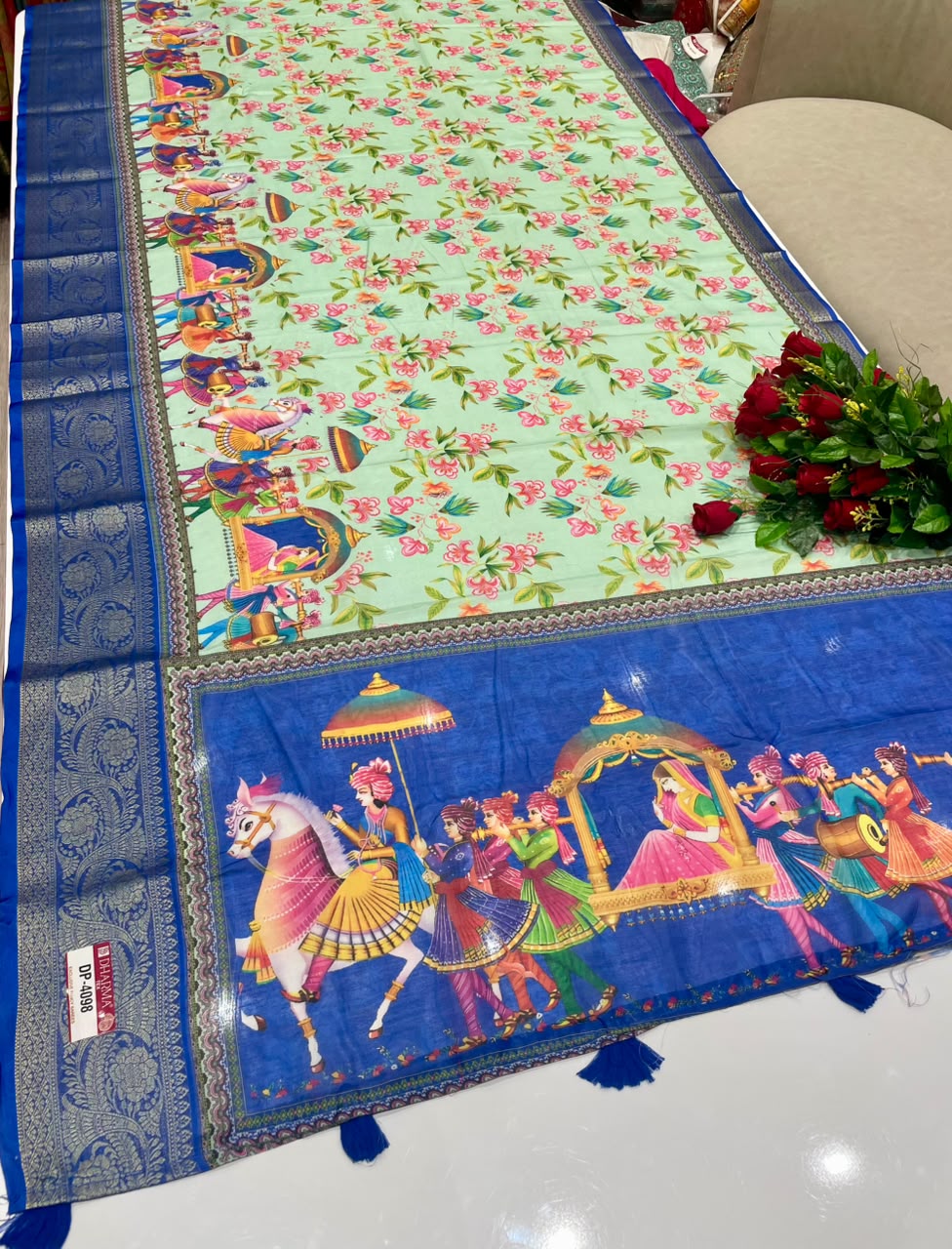 DP-4098 FANCY FABRIC SAREE WITH BEAUTIFUL DESIGN WITH RICH PALLU DESIGN WITH BEAUTIFUL PEACOCK DESIGN ON SAREE WITH ZARI WORK WITH PIPING AND TASSELS WITH BLOUSE