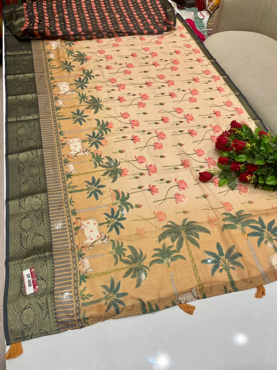 DP-4098 FANCY FABRIC SAREE WITH BEAUTIFUL DESIGN WITH RICH PALLU DESIGN WITH BEAUTIFUL PEACOCK DESIGN ON SAREE WITH ZARI WORK WITH PIPING AND TASSELS WITH BLOUSE