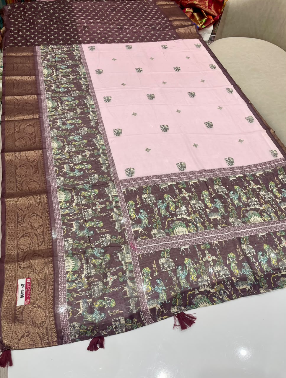 DP-4098 FANCY FABRIC SAREE WITH BEAUTIFUL DESIGN WITH RICH PALLU DESIGN WITH BEAUTIFUL PEACOCK DESIGN ON SAREE WITH ZARI WORK WITH PIPING AND TASSELS WITH BLOUSE