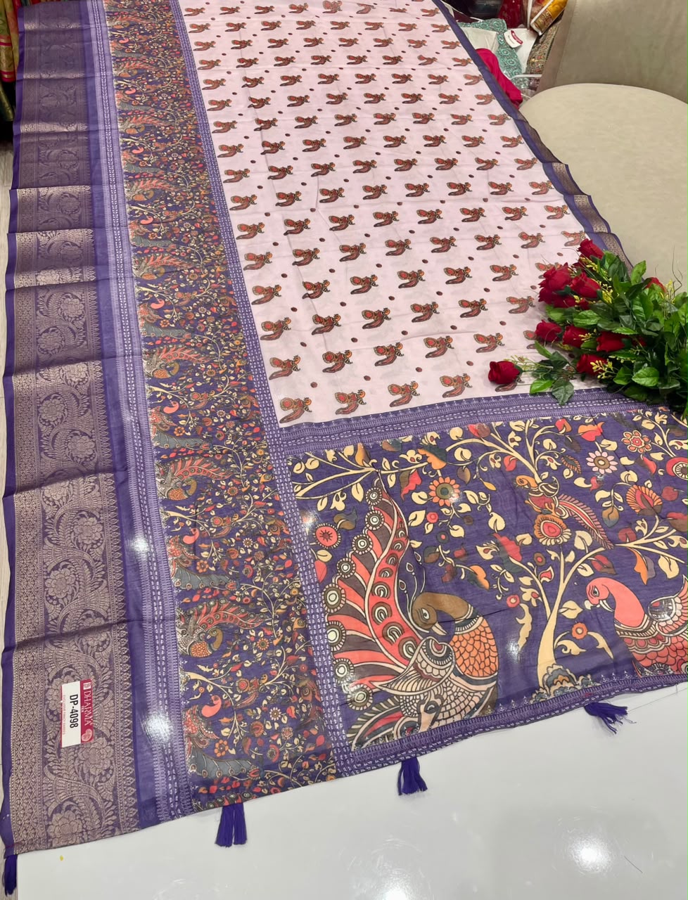 DP-4098 FANCY FABRIC SAREE WITH BEAUTIFUL DESIGN WITH RICH PALLU DESIGN WITH BEAUTIFUL PEACOCK DESIGN ON SAREE WITH ZARI WORK WITH PIPING AND TASSELS WITH BLOUSE