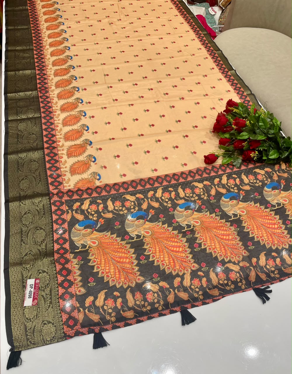 DP-4098 FANCY FABRIC SAREE WITH BEAUTIFUL DESIGN WITH RICH PALLU DESIGN WITH BEAUTIFUL PEACOCK DESIGN ON SAREE WITH ZARI WORK WITH PIPING AND TASSELS WITH BLOUSE