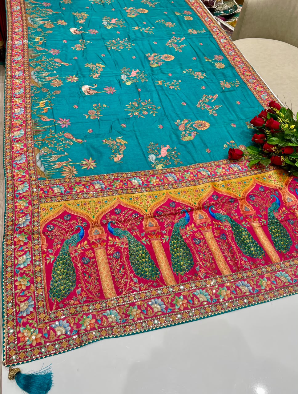 AJ-AARCHI POSITION PRINT FABRIC SAREE WITH VISCOS PRINT WITH BEAUTIFUL DESIGN WITH HEAVY EMBROIDERY WORK WITH THREAD WORK WITH SEQUENCE WORK WITH BEAUTIFUL SAMOSA BORDER WITH PEACOCK DESIGN WITH BLOUSE