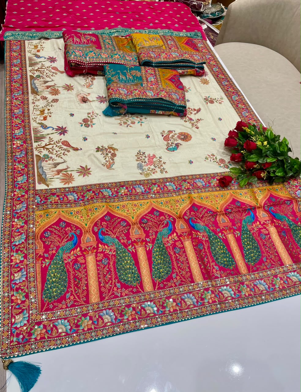AJ-AARCHI POSITION PRINT FABRIC SAREE WITH VISCOS PRINT WITH BEAUTIFUL DESIGN WITH HEAVY EMBROIDERY WORK WITH THREAD WORK WITH SEQUENCE WORK WITH BEAUTIFUL SAMOSA BORDER WITH PEACOCK DESIGN WITH BLOUSE