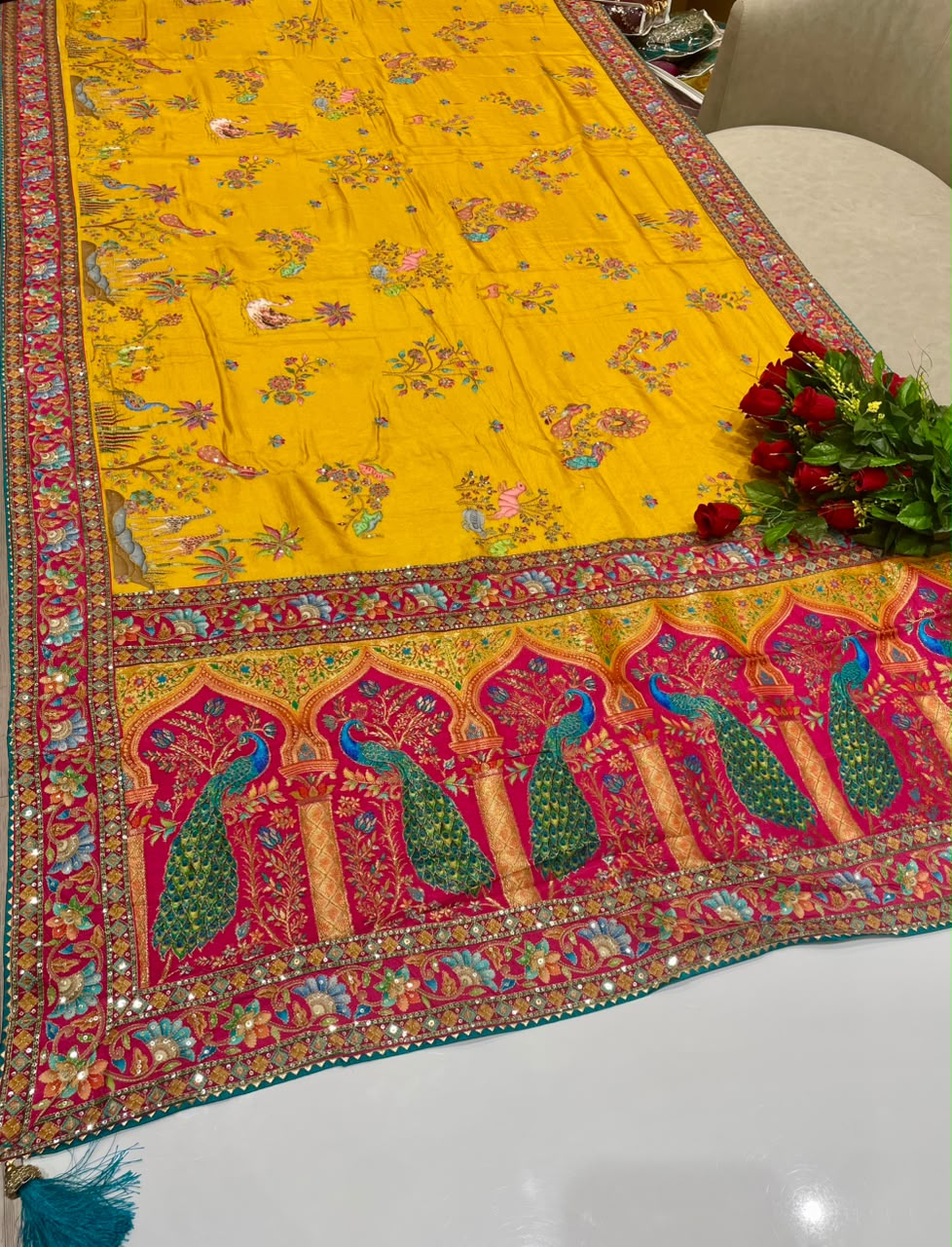 AJ-AARCHI POSITION PRINT FABRIC SAREE WITH VISCOS PRINT WITH BEAUTIFUL DESIGN WITH HEAVY EMBROIDERY WORK WITH THREAD WORK WITH SEQUENCE WORK WITH BEAUTIFUL SAMOSA BORDER WITH PEACOCK DESIGN WITH BLOUSE