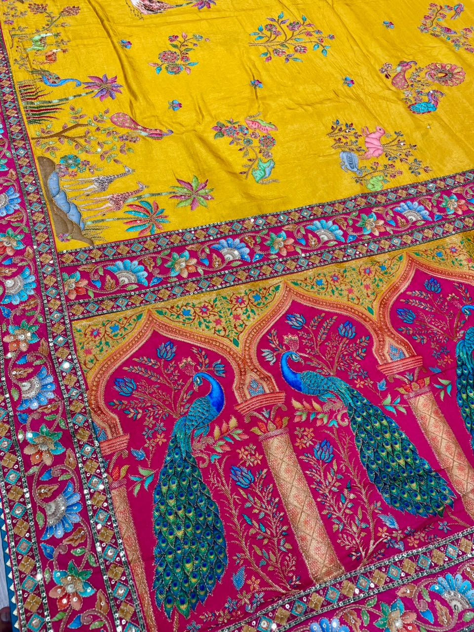 AJ-AARCHI POSITION PRINT FABRIC SAREE WITH VISCOS PRINT WITH BEAUTIFUL DESIGN WITH HEAVY EMBROIDERY WORK WITH THREAD WORK WITH SEQUENCE WORK WITH BEAUTIFUL SAMOSA BORDER WITH PEACOCK DESIGN WITH BLOUSE