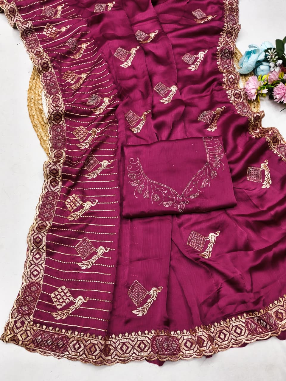 DF-BHUMI FENDI SATIN FABRIC SAREE WITH BEAUTIFUL EMBROIDERY MOTIFS WITH HEAVY DESIGNER BORDER AND PALLU WITH BLOUSE