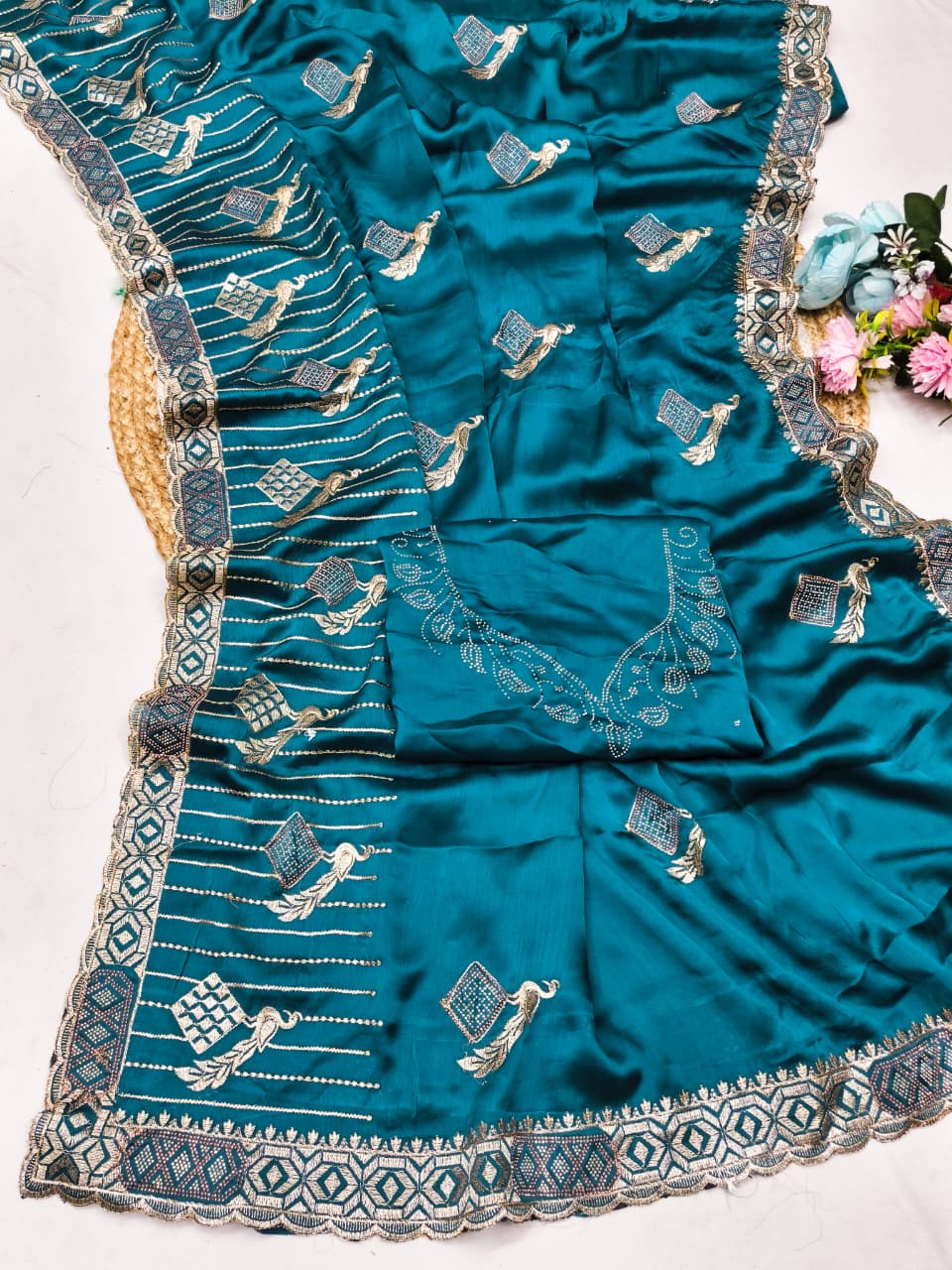DF-BHUMI FENDI SATIN FABRIC SAREE WITH BEAUTIFUL EMBROIDERY MOTIFS WITH HEAVY DESIGNER BORDER AND PALLU WITH BLOUSE