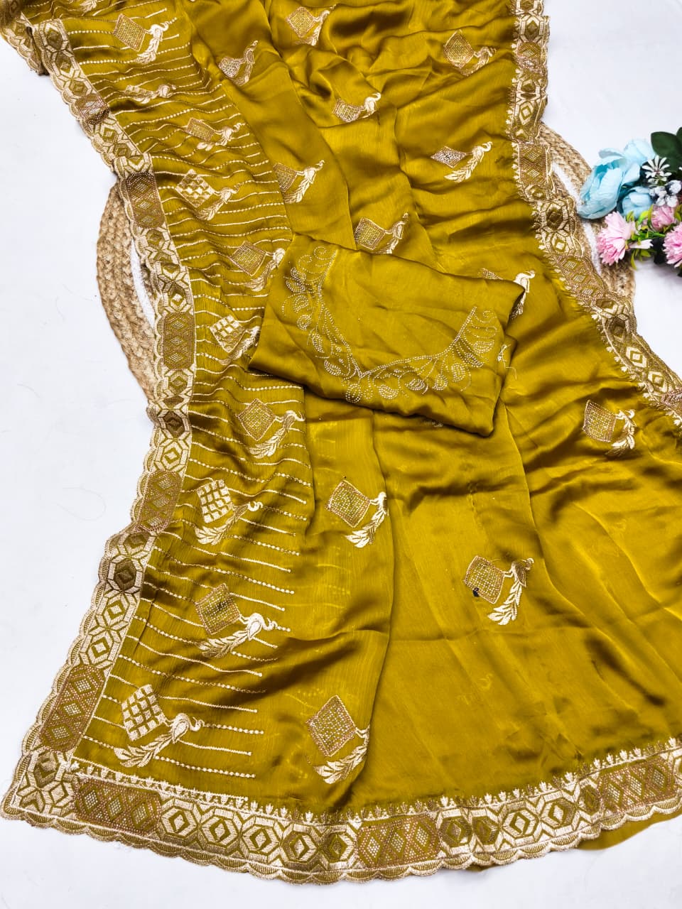 DF-BHUMI FENDI SATIN FABRIC SAREE WITH BEAUTIFUL EMBROIDERY MOTIFS WITH HEAVY DESIGNER BORDER AND PALLU WITH BLOUSE