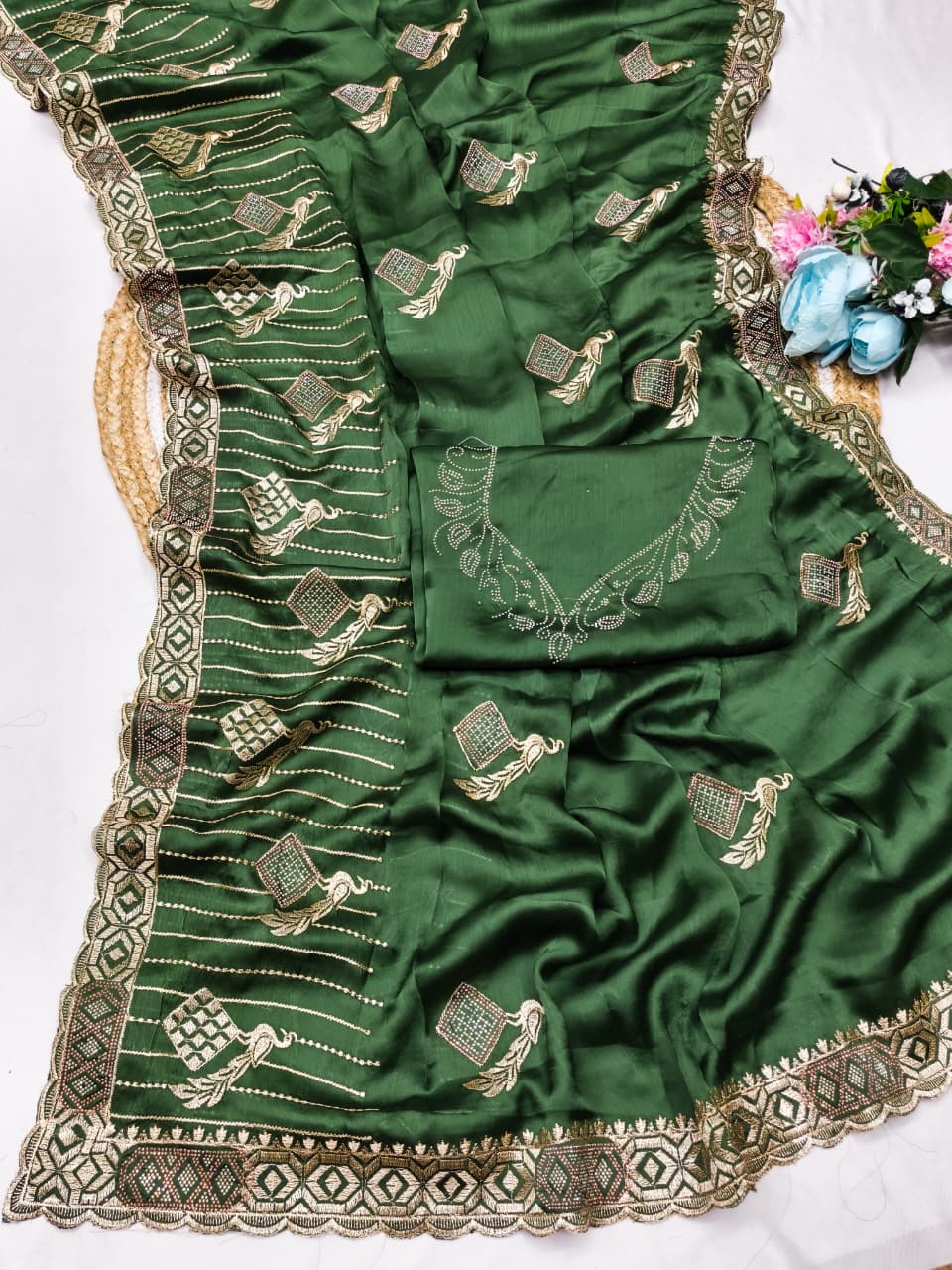 DF-BHUMI FENDI SATIN FABRIC SAREE WITH BEAUTIFUL EMBROIDERY MOTIFS WITH HEAVY DESIGNER BORDER AND PALLU WITH BLOUSE
