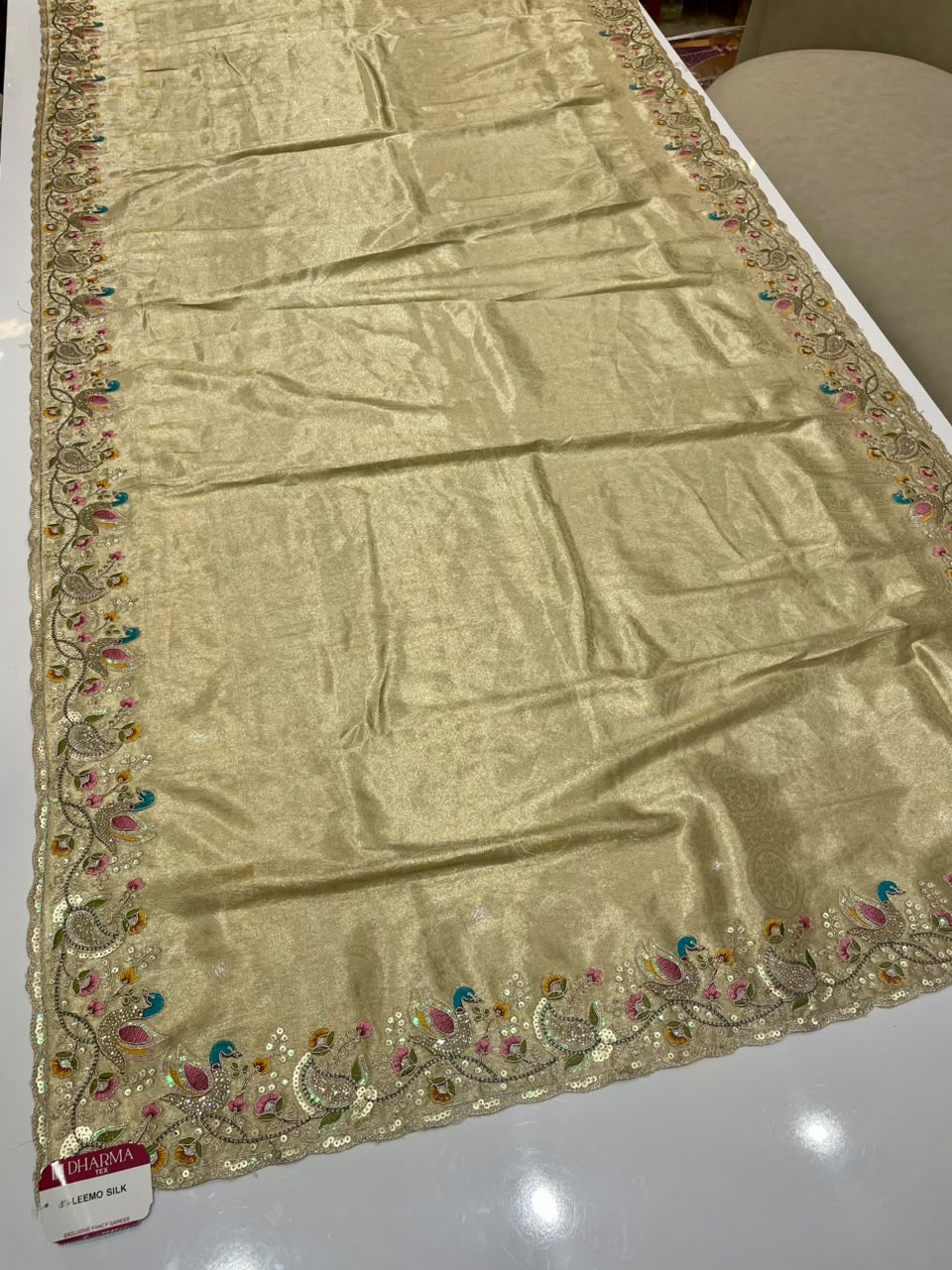 BS-LEEMO SILK TISSUE SILK FABRIC SAREE WITH BEAUTIFUL SAREE WITH EMBROIDERY WORK WITH THREAD WORK WITH JARKAN WORK WITH HEAVY SEQUENCE WORK WITH HEAVY JARKAN WORK BLOUSE