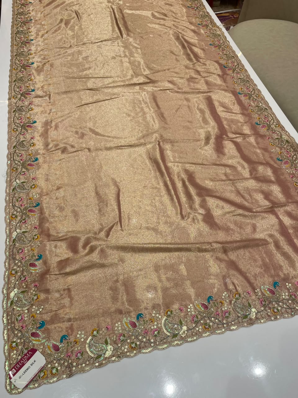 BS-LEEMO SILK TISSUE SILK FABRIC SAREE WITH BEAUTIFUL SAREE WITH EMBROIDERY WORK WITH THREAD WORK WITH JARKAN WORK WITH HEAVY SEQUENCE WORK WITH HEAVY JARKAN WORK BLOUSE