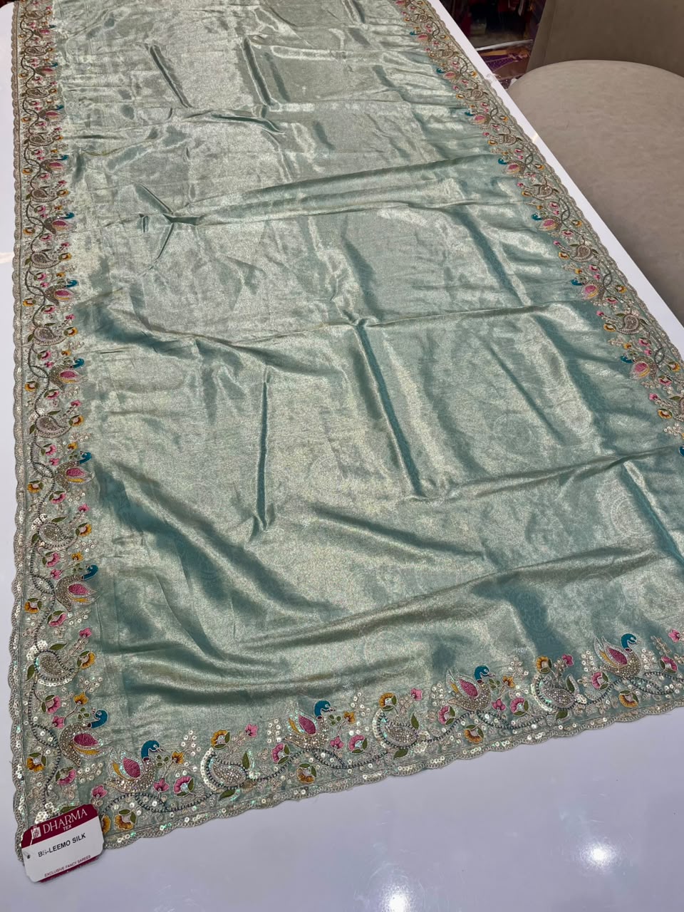BS-LEEMO SILK TISSUE SILK FABRIC SAREE WITH BEAUTIFUL SAREE WITH EMBROIDERY WORK WITH THREAD WORK WITH JARKAN WORK WITH HEAVY SEQUENCE WORK WITH HEAVY JARKAN WORK BLOUSE