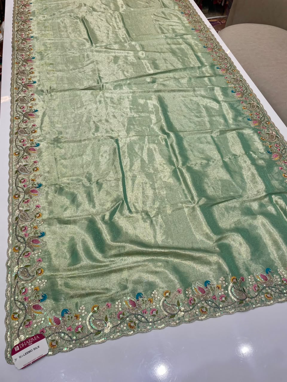 BS-LEEMO SILK TISSUE SILK FABRIC SAREE WITH BEAUTIFUL SAREE WITH EMBROIDERY WORK WITH THREAD WORK WITH JARKAN WORK WITH HEAVY SEQUENCE WORK WITH HEAVY JARKAN WORK BLOUSE