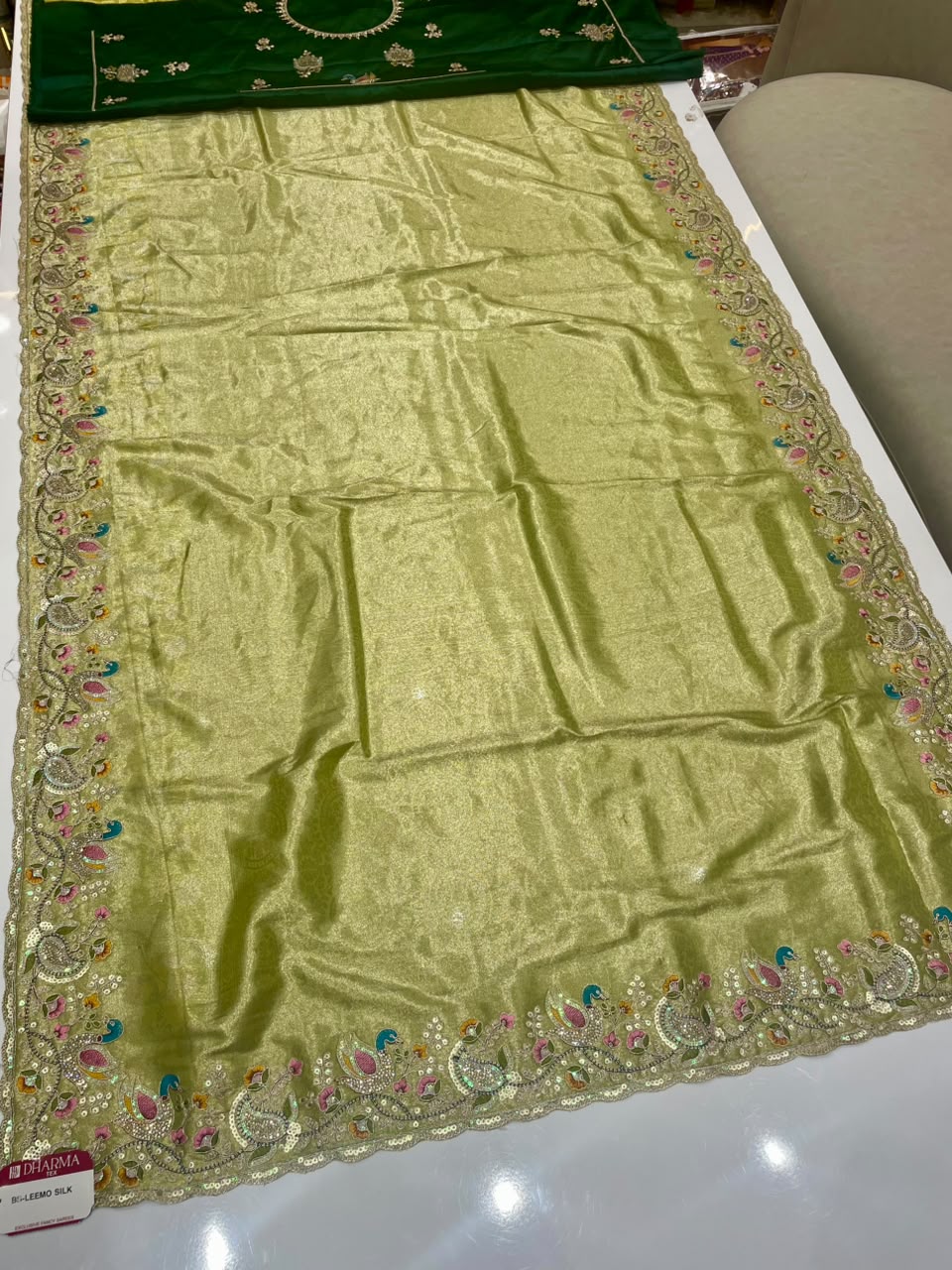 BS-LEEMO SILK TISSUE SILK FABRIC SAREE WITH BEAUTIFUL SAREE WITH EMBROIDERY WORK WITH THREAD WORK WITH JARKAN WORK WITH HEAVY SEQUENCE WORK WITH HEAVY JARKAN WORK BLOUSE