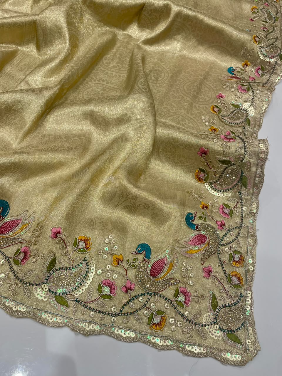 BS-LEEMO SILK TISSUE SILK FABRIC SAREE WITH BEAUTIFUL SAREE WITH EMBROIDERY WORK WITH THREAD WORK WITH JARKAN WORK WITH HEAVY SEQUENCE WORK WITH HEAVY JARKAN WORK BLOUSE