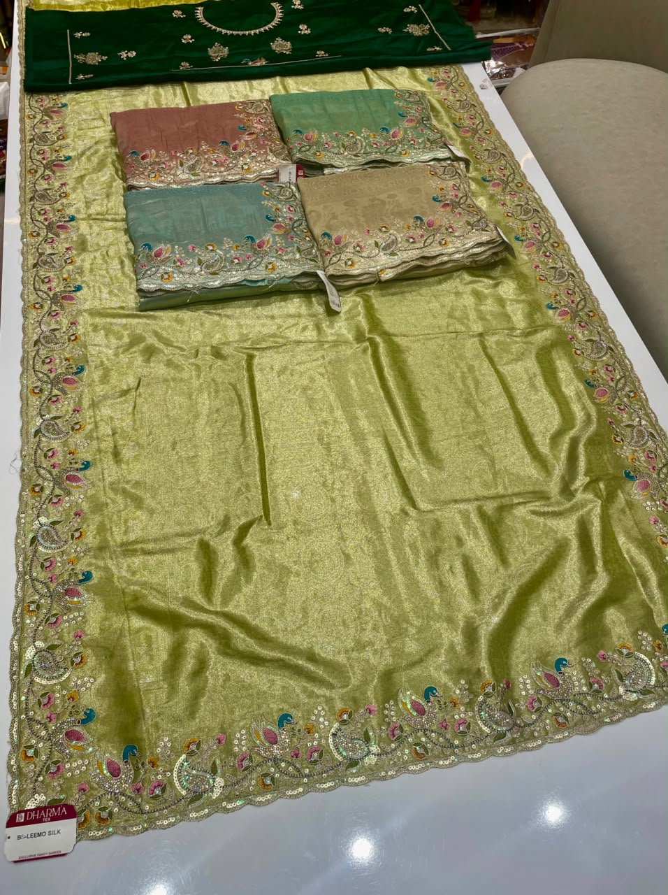 BS-LEEMO SILK TISSUE SILK FABRIC SAREE WITH BEAUTIFUL SAREE WITH EMBROIDERY WORK WITH THREAD WORK WITH JARKAN WORK WITH HEAVY SEQUENCE WORK WITH HEAVY JARKAN WORK BLOUSE