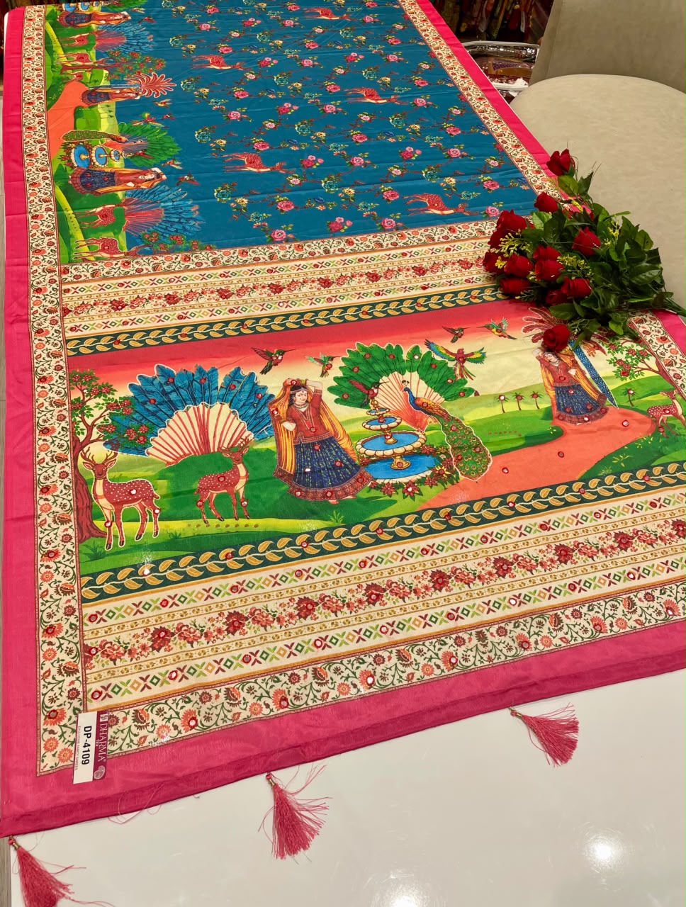 DP-4109 CHINON FABRIC SAREE WITH BEAUTIFUL DESIGN WITH MIRROR WORK WITH HEAVY PALLU WITH BEAUTIFUL PEACOCK DESIGN WITH HEAY PRINT WITH BLOUSE