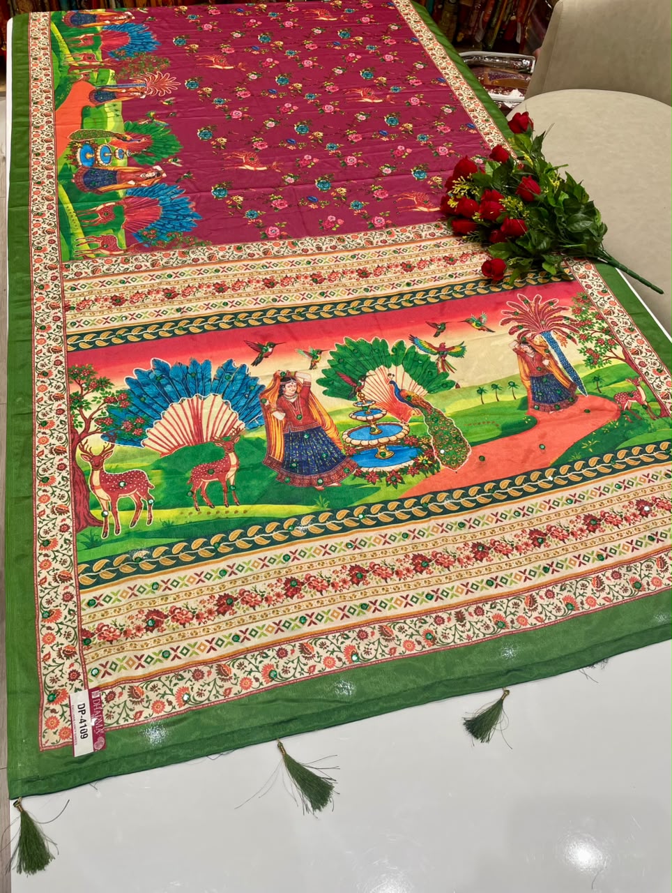 DP-4109 CHINON FABRIC SAREE WITH BEAUTIFUL DESIGN WITH MIRROR WORK WITH HEAVY PALLU WITH BEAUTIFUL PEACOCK DESIGN WITH HEAY PRINT WITH BLOUSE