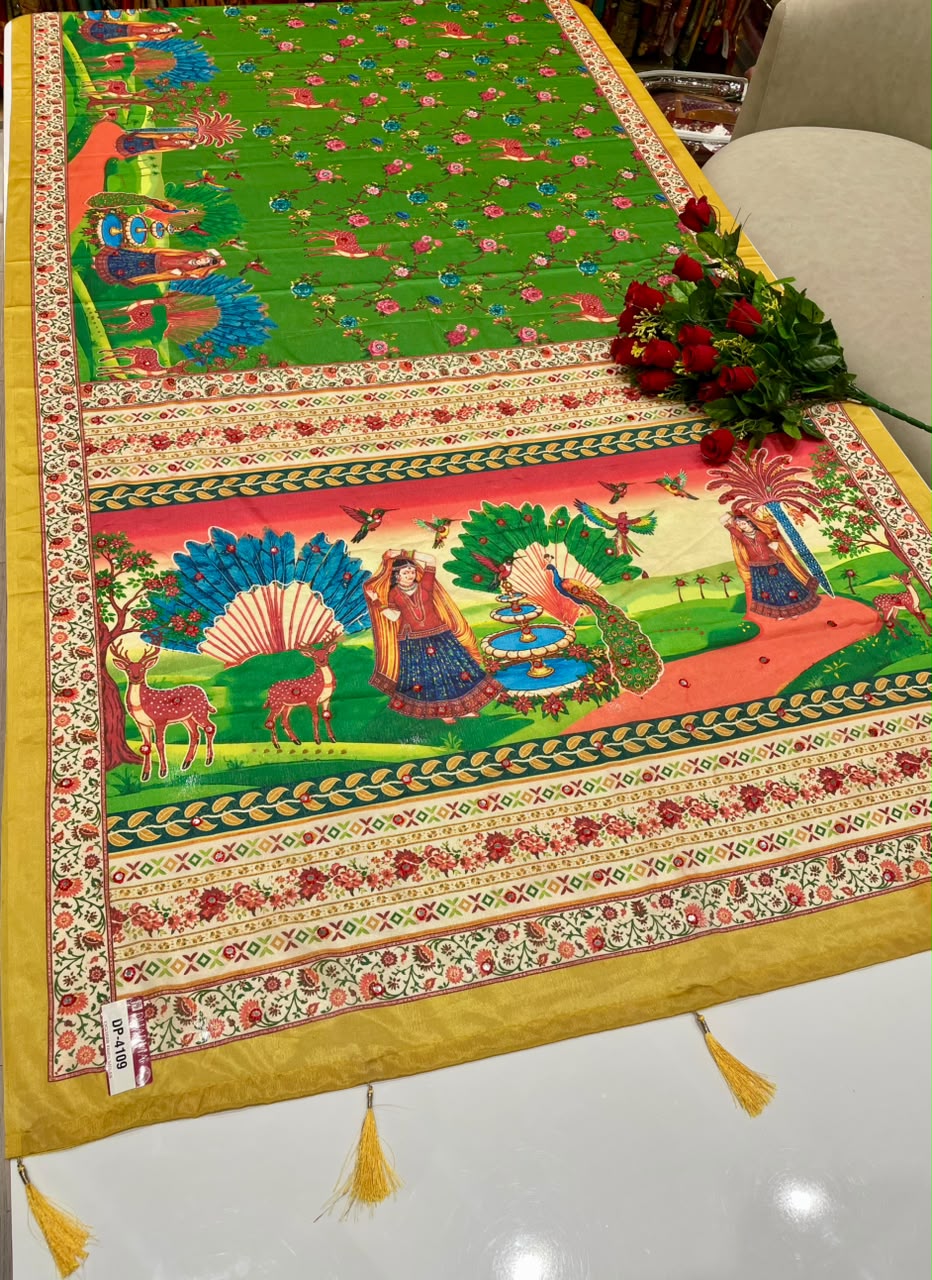 DP-4109 CHINON FABRIC SAREE WITH BEAUTIFUL DESIGN WITH MIRROR WORK WITH HEAVY PALLU WITH BEAUTIFUL PEACOCK DESIGN WITH HEAY PRINT WITH BLOUSE