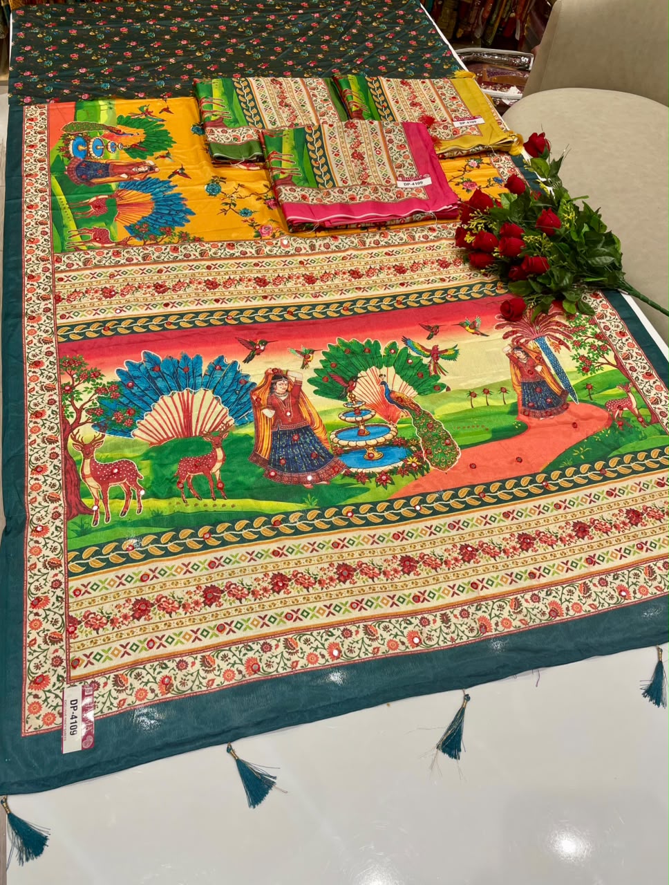 DP-4109 CHINON FABRIC SAREE WITH BEAUTIFUL DESIGN WITH MIRROR WORK WITH HEAVY PALLU WITH BEAUTIFUL PEACOCK DESIGN WITH HEAY PRINT WITH BLOUSE