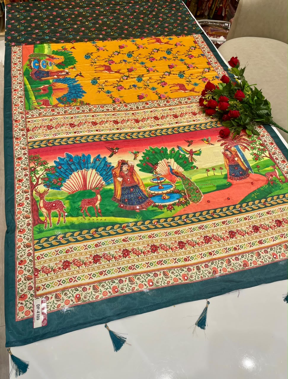 DP-4109 CHINON FABRIC SAREE WITH BEAUTIFUL DESIGN WITH MIRROR WORK WITH HEAVY PALLU WITH BEAUTIFUL PEACOCK DESIGN WITH HEAY PRINT WITH BLOUSE