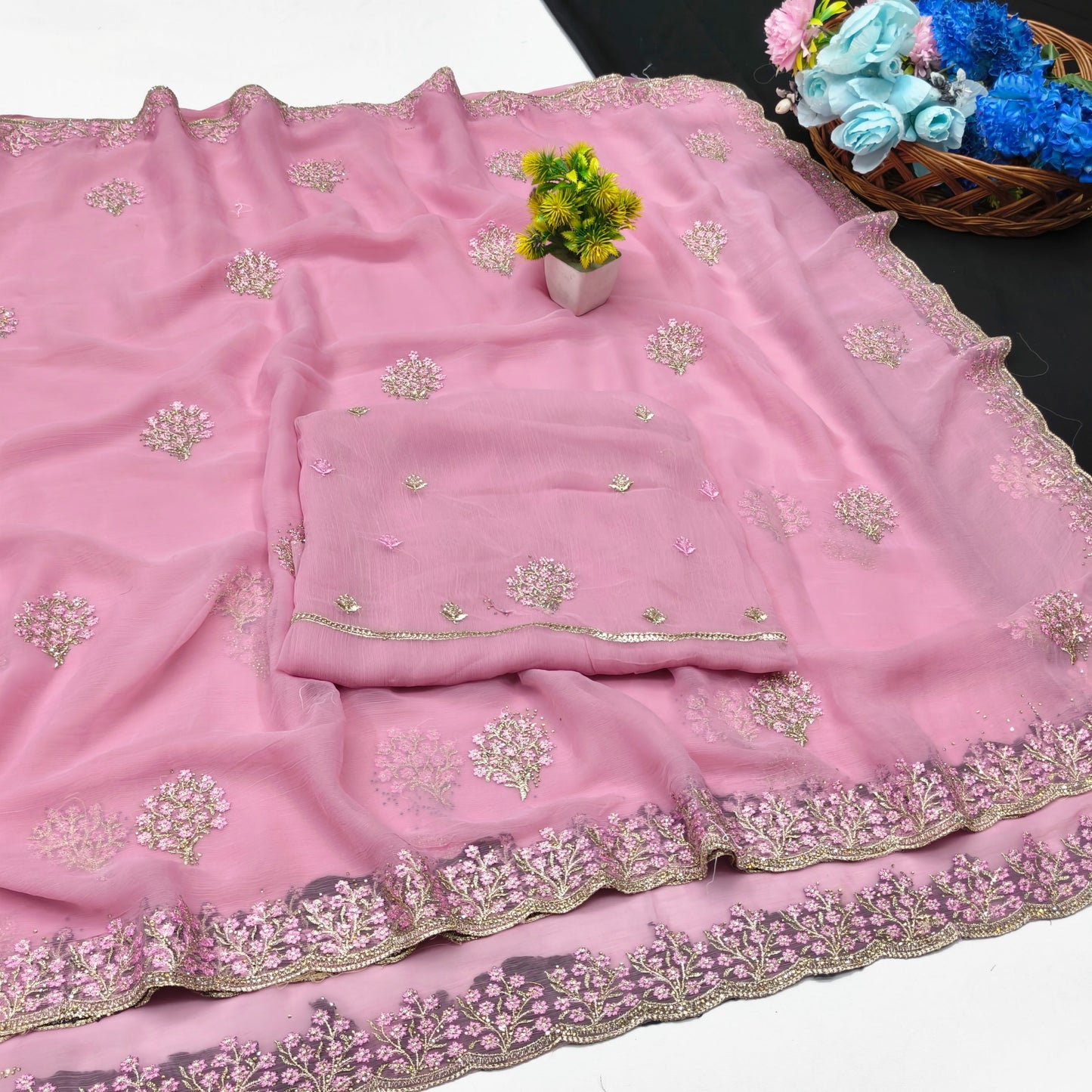 DF-JELLY FENDI SATIN FABRIC SAREE WITH HEAVY EMBROIDERY WORK WITH FLORAL DESIGN WITH BLOUSE