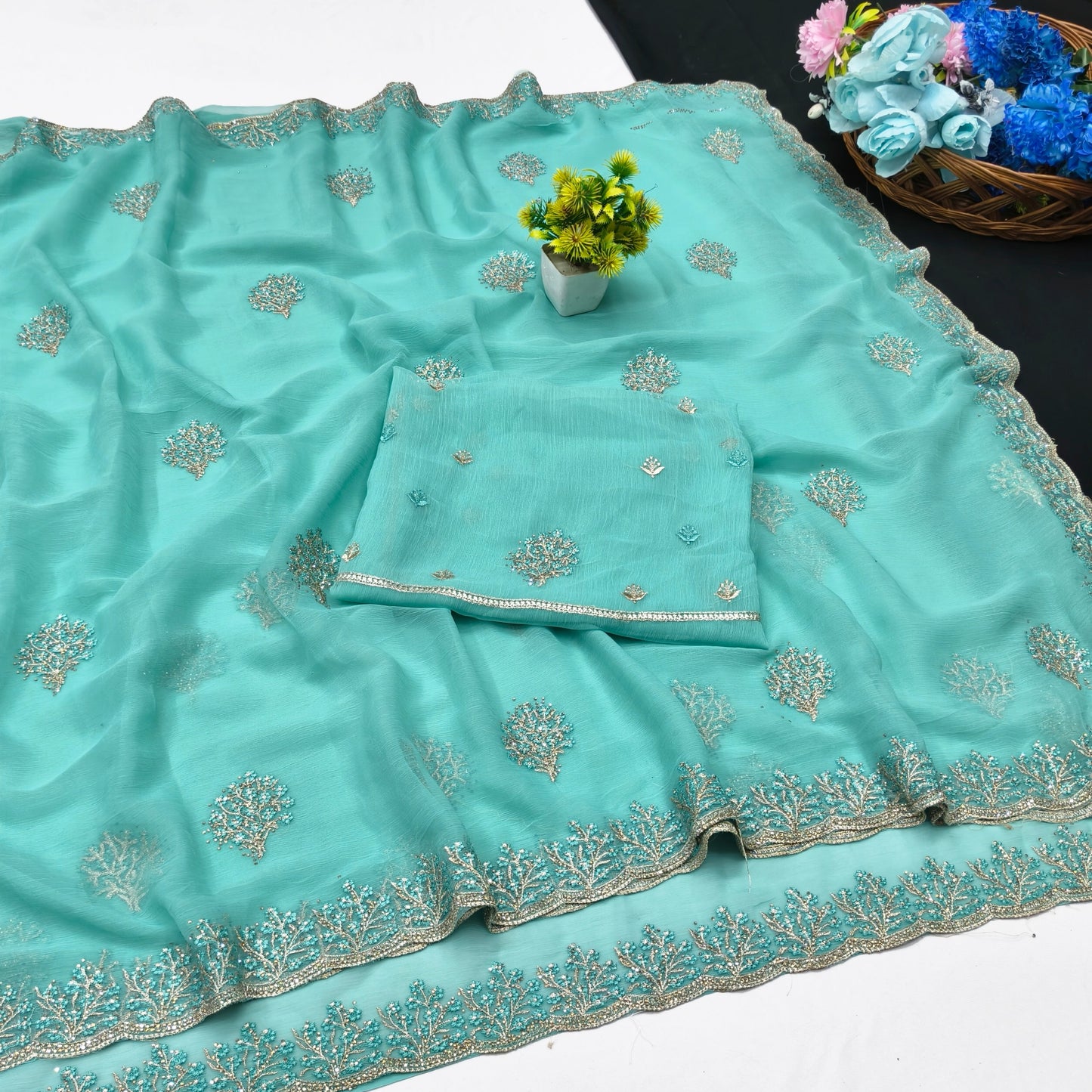 DF-JELLY FENDI SATIN FABRIC SAREE WITH HEAVY EMBROIDERY WORK WITH FLORAL DESIGN WITH BLOUSE
