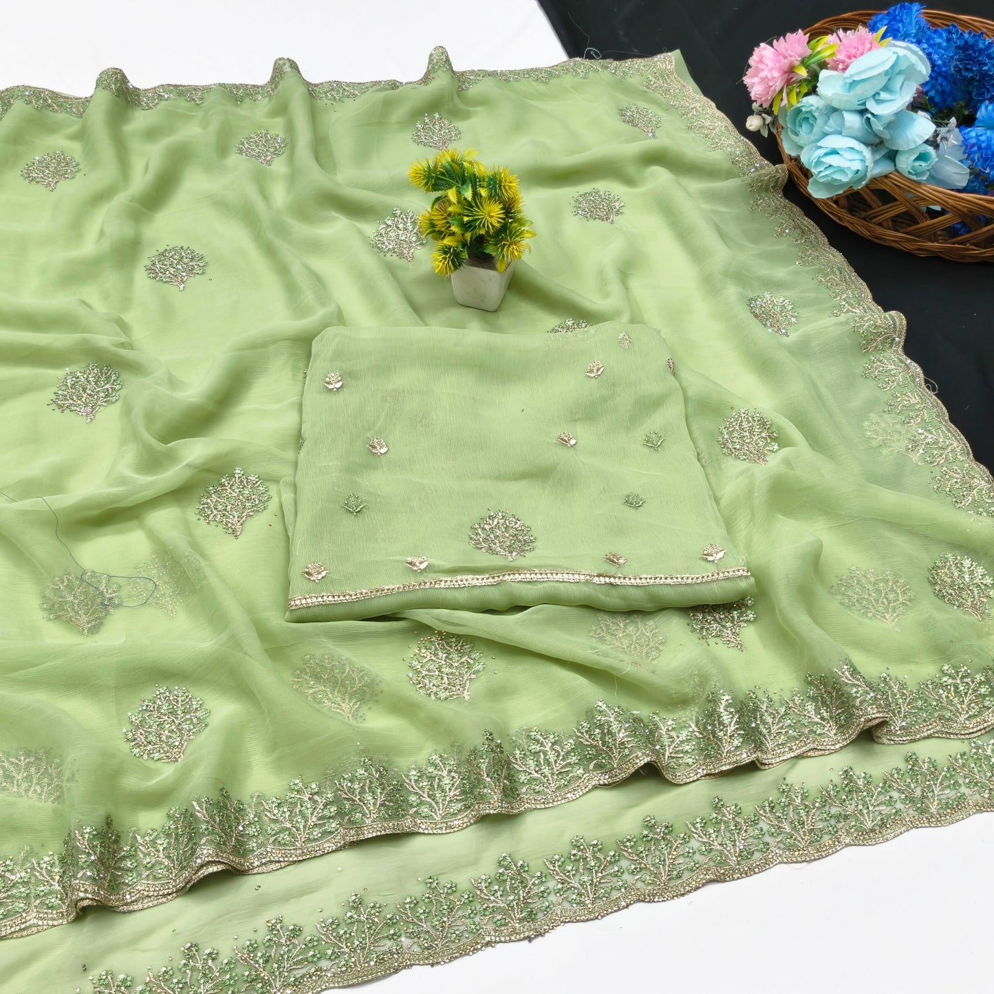 DF-JELLY FENDI SATIN FABRIC SAREE WITH HEAVY EMBROIDERY WORK WITH FLORAL DESIGN WITH BLOUSE