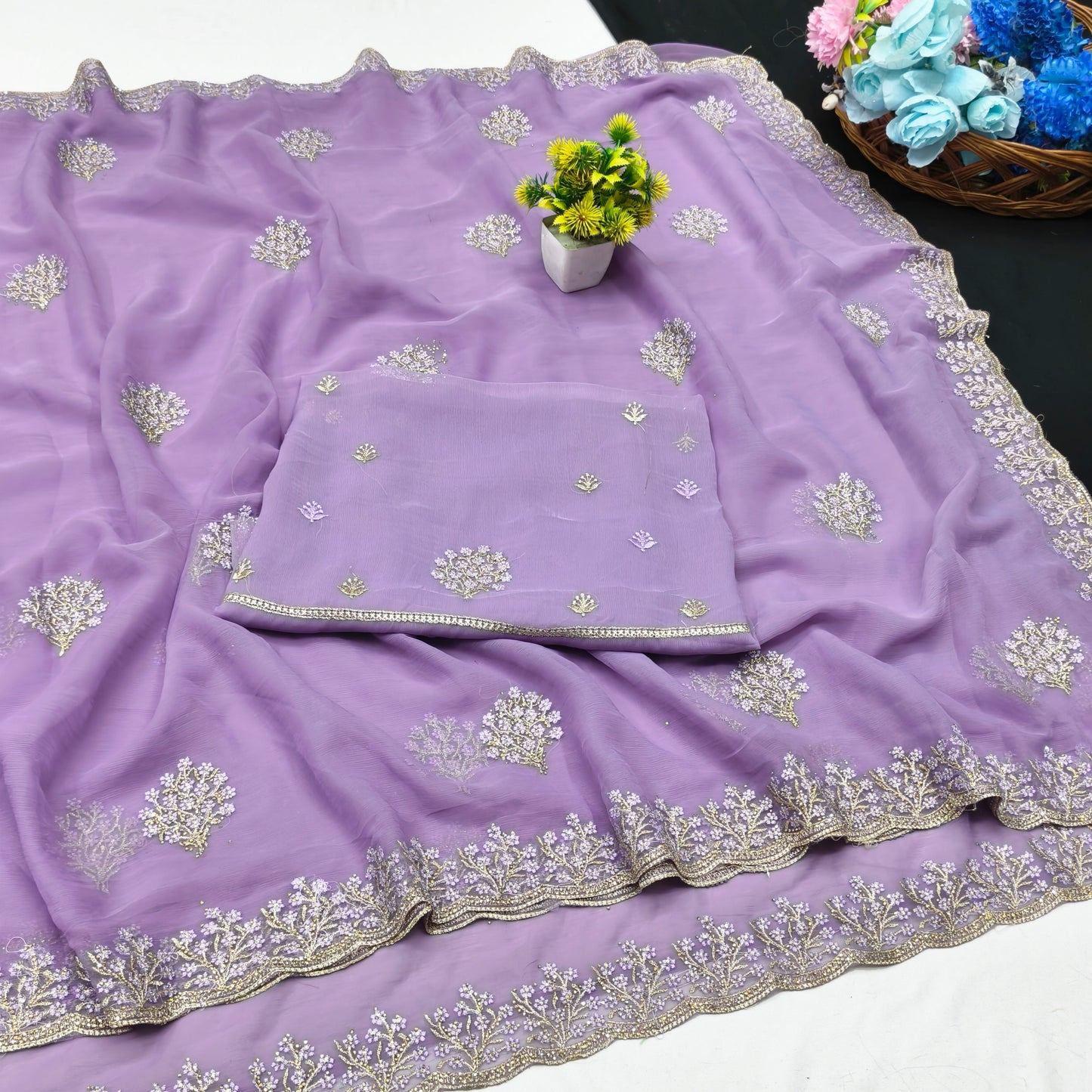 DF-JELLY FENDI SATIN FABRIC SAREE WITH HEAVY EMBROIDERY WORK WITH FLORAL DESIGN WITH BLOUSE